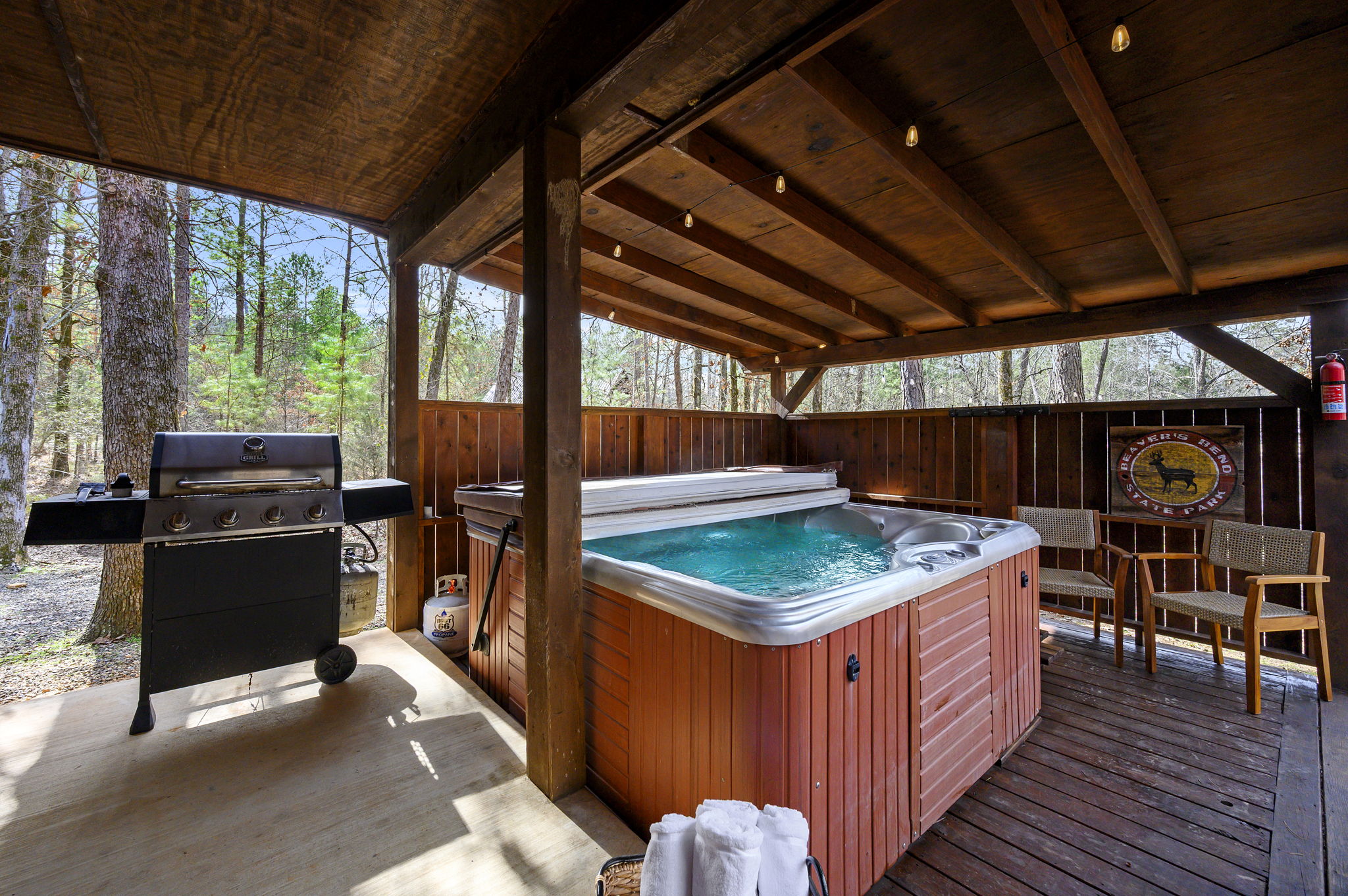 Private Hot Tub:
A secluded hot tub tucked into the trees for ultimate relaxation. Soak after a day on the lake or trails and enjoy a true spa-like experience in total privacy.