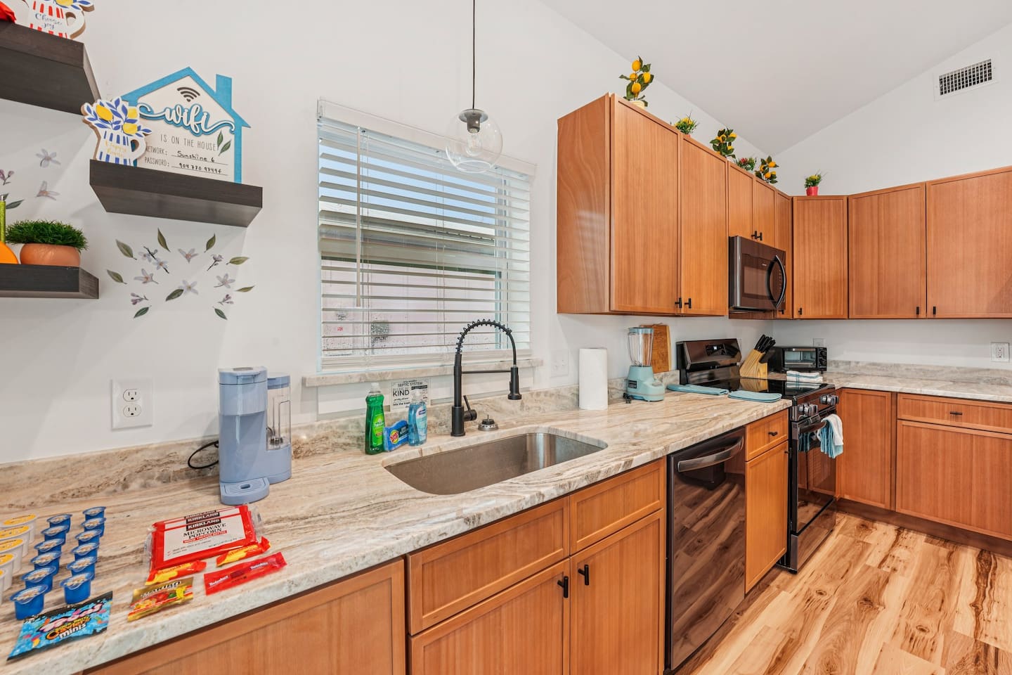 Kitchen has almost anything you need - coffee, dishwasher pods, dish soap, sponges, blender, toaster, knives, pots/pans, cooking utensils, cutlery and place settings for 12, kids dishware, bbq utensils