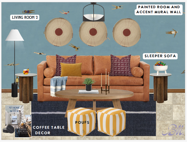 Updated lake-view seating space w/ warm tones & thoughtfully styled decor.