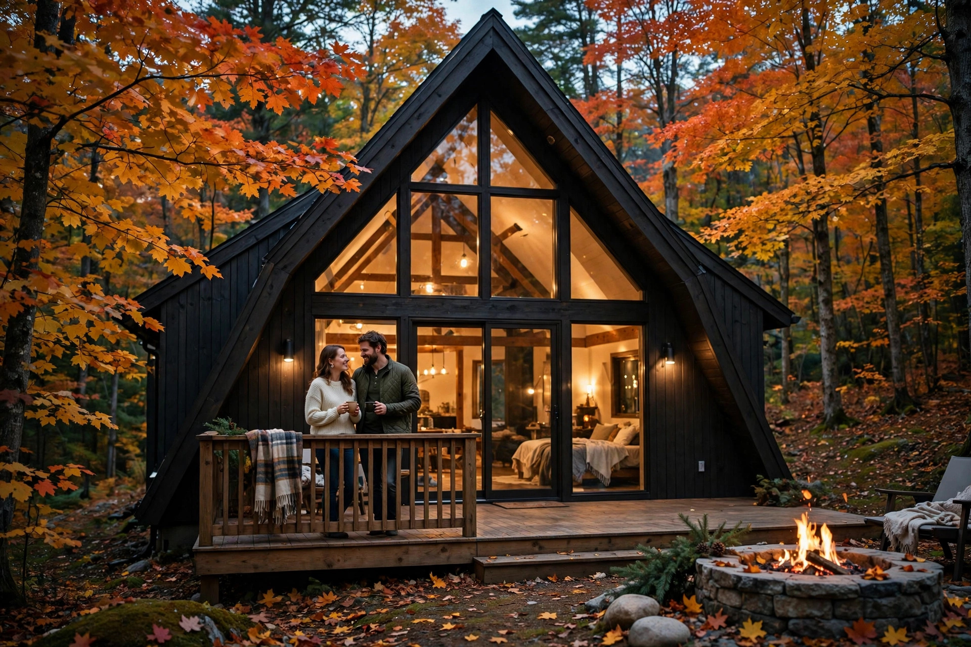 Illustration: A-frame cabin in an autumn forest with a couple on the deck