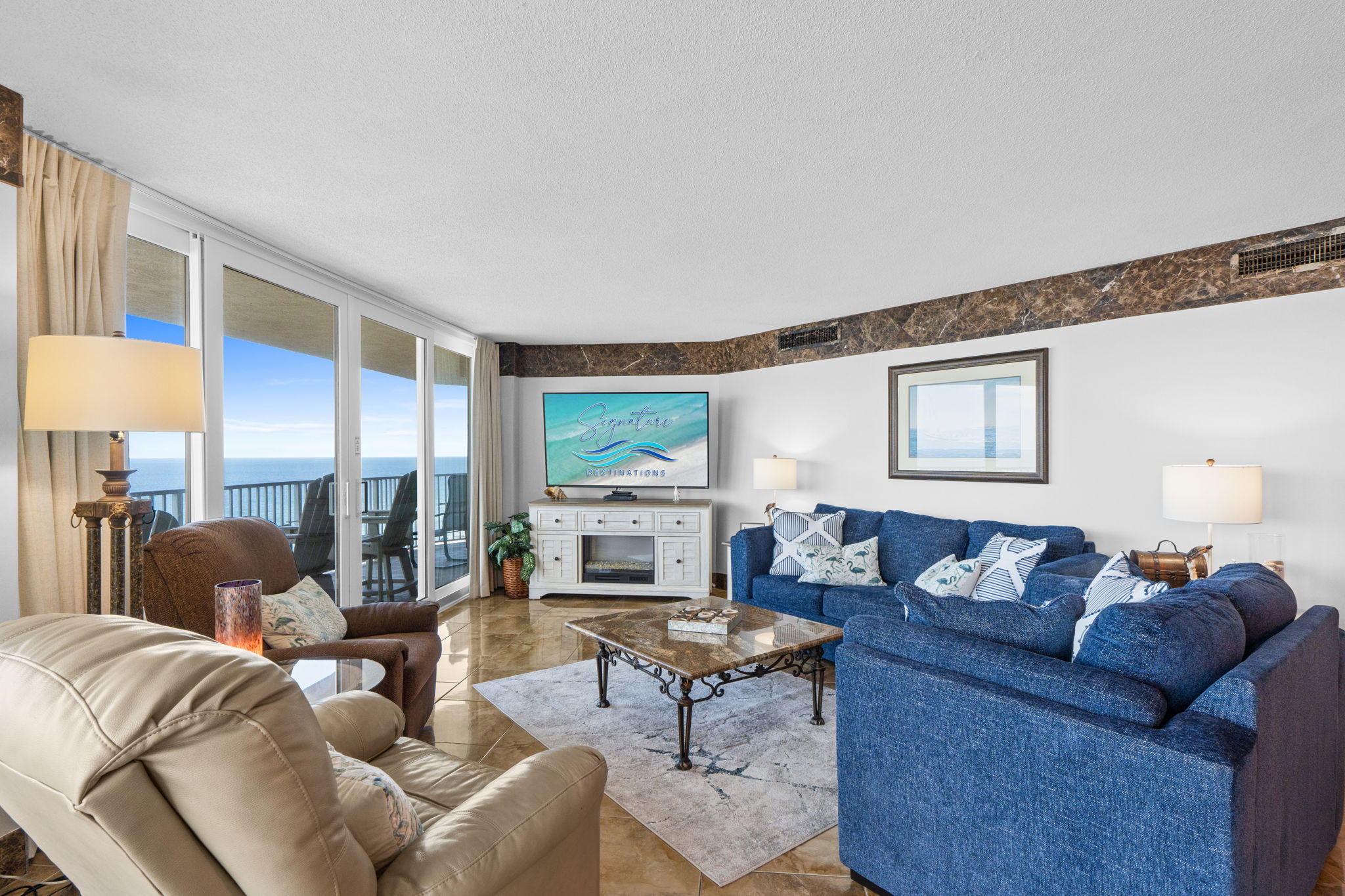 Living area with panoramic balcony and Gulf views