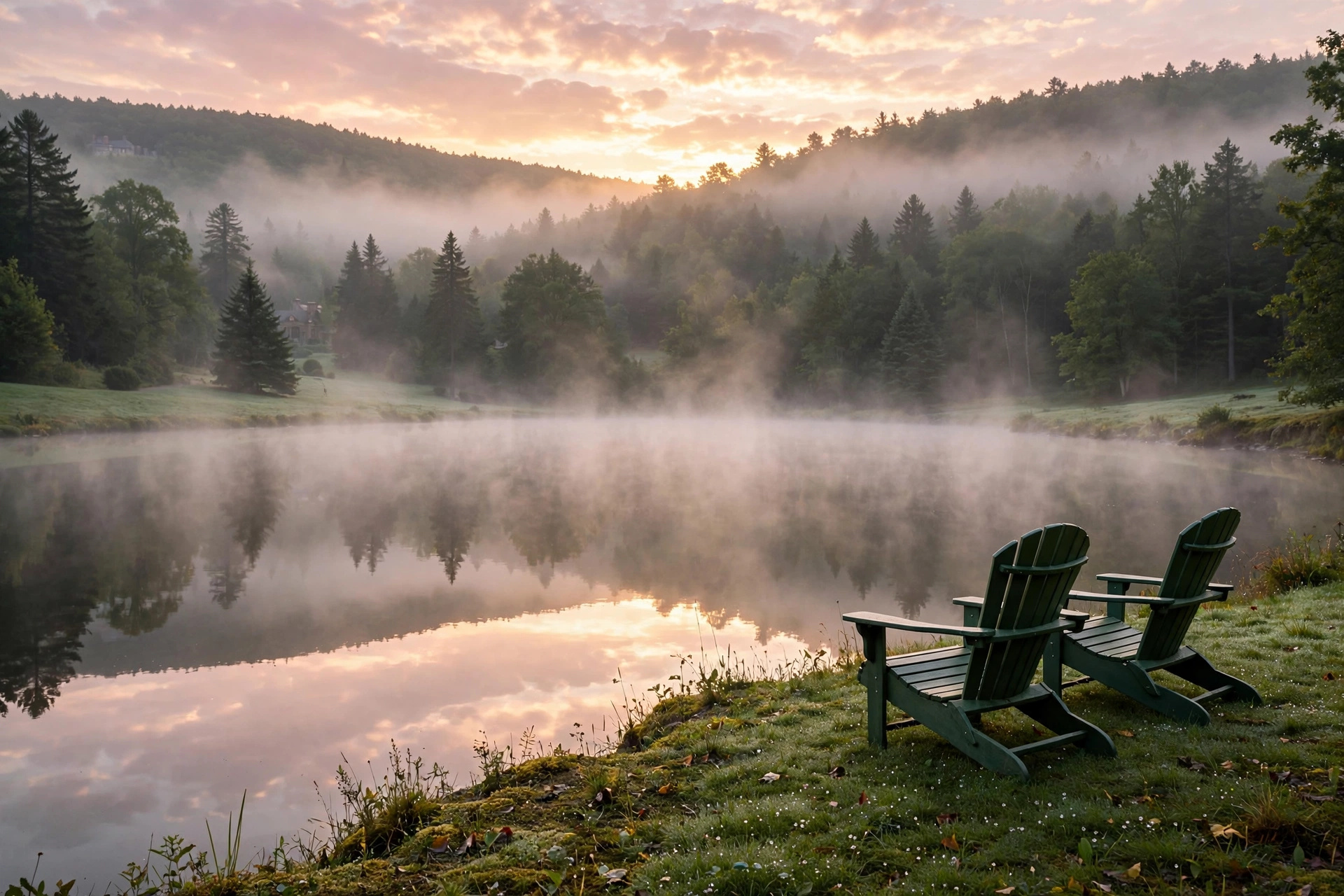 Illustration: misty pond at sunrise on a private estate