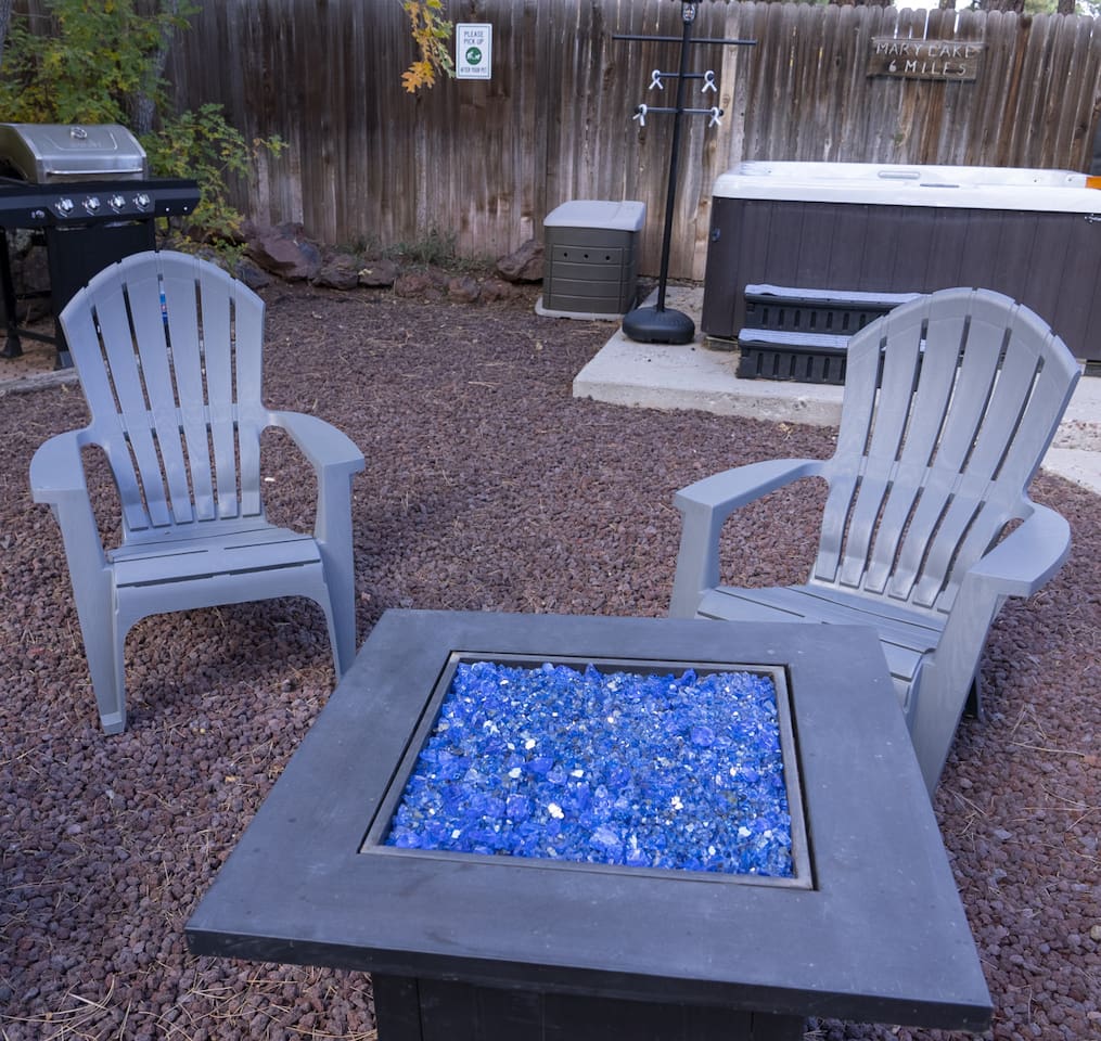 Outdoor seating area surrounded by tall pines, with space to unwind around the fire pit.