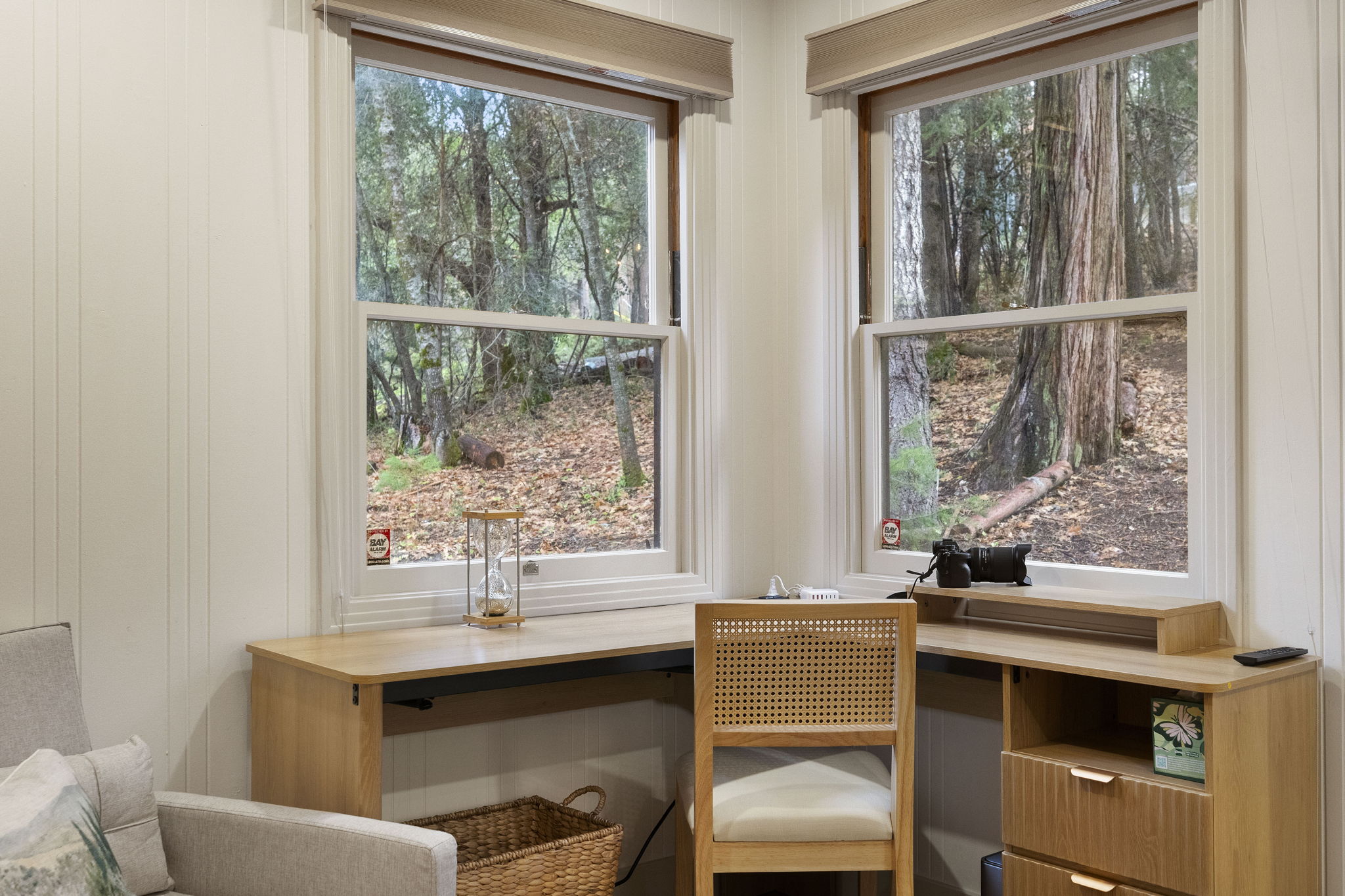 Work/office area facing the forest in the master bedroom. Cabin has high speed internet.