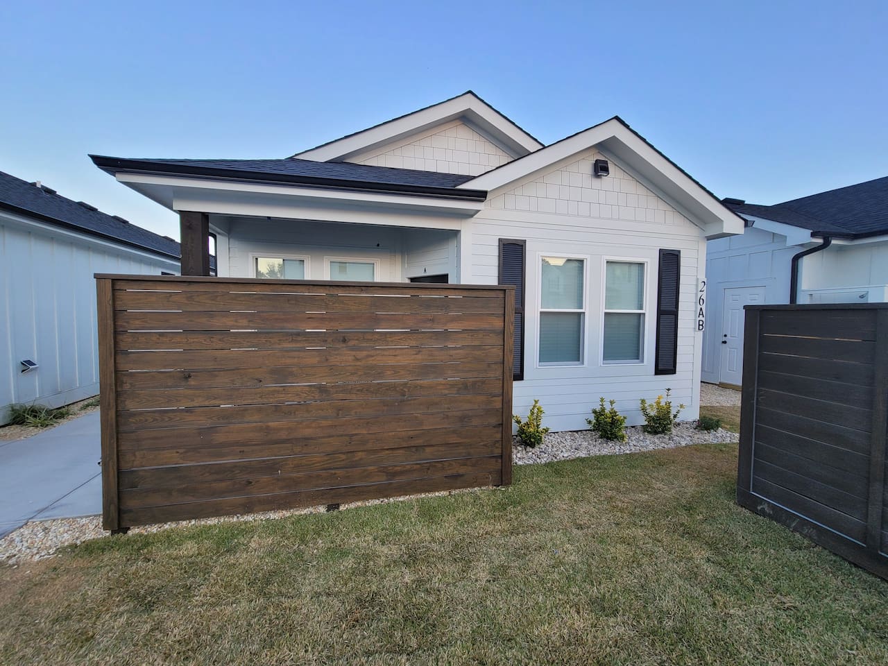 Unit is all one level and the patio has a privacy screen.  