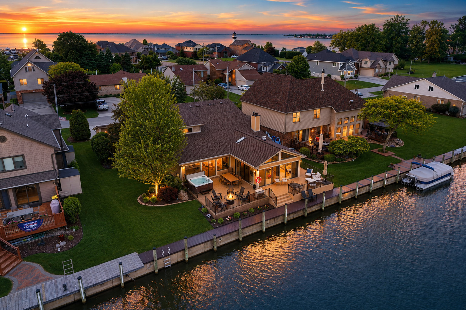 Waterfront home with a private canal-front deck, outdoor seating, and direct access to calm lake waters. Scenic and peaceful setting perfect for relaxing, entertaining, and enjoying true lakefront living.
