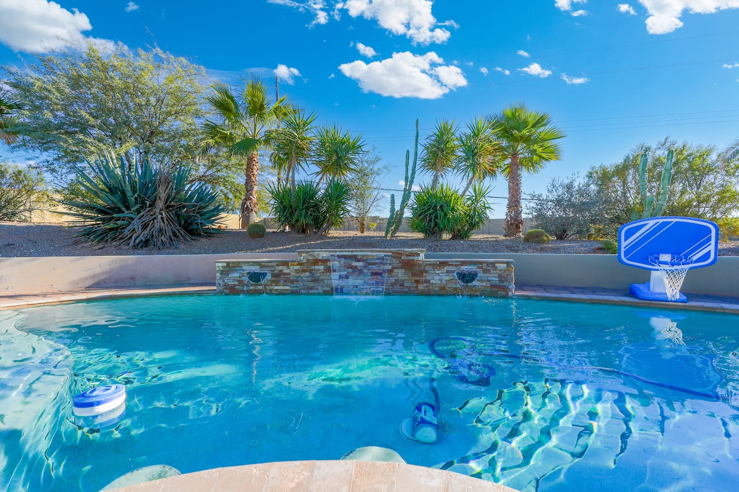 Waterfall feature flowing into the pool, framed by palms, cacti, and natural stone details.