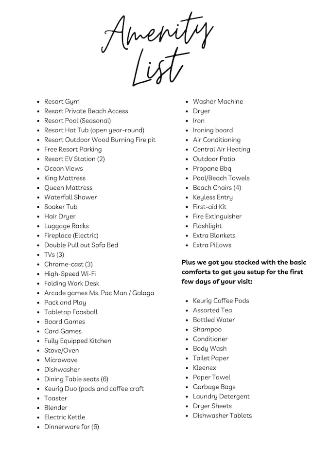 Printable Amenity List  - Everything you can expect to be available to you upon your stay, all in excellent and clean condition.Kids Crib (Pack and Play) - available upon request 