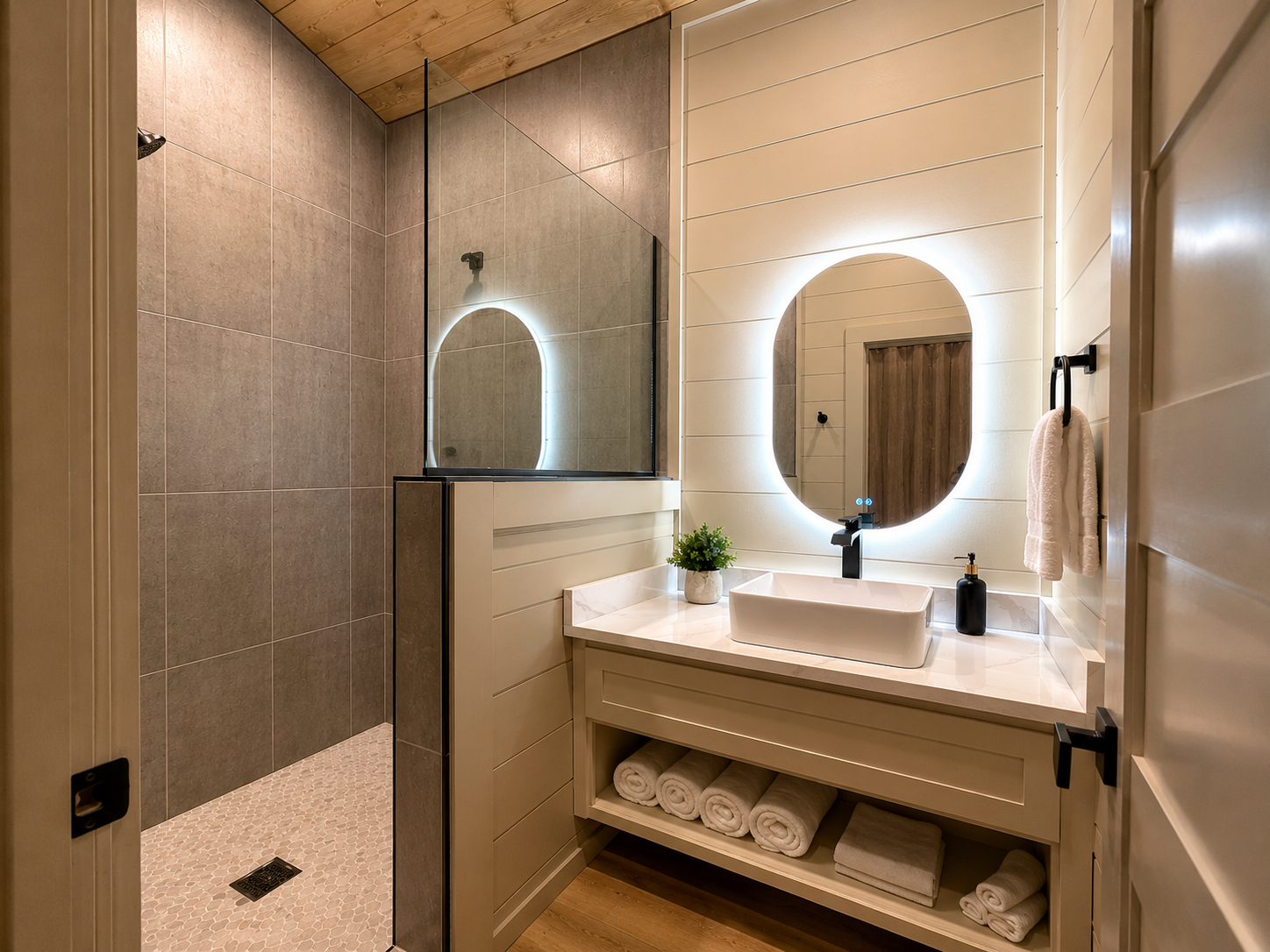 Stylish Bathroom: Indulge in contemporary design with a sleek shower and elegant lighting!