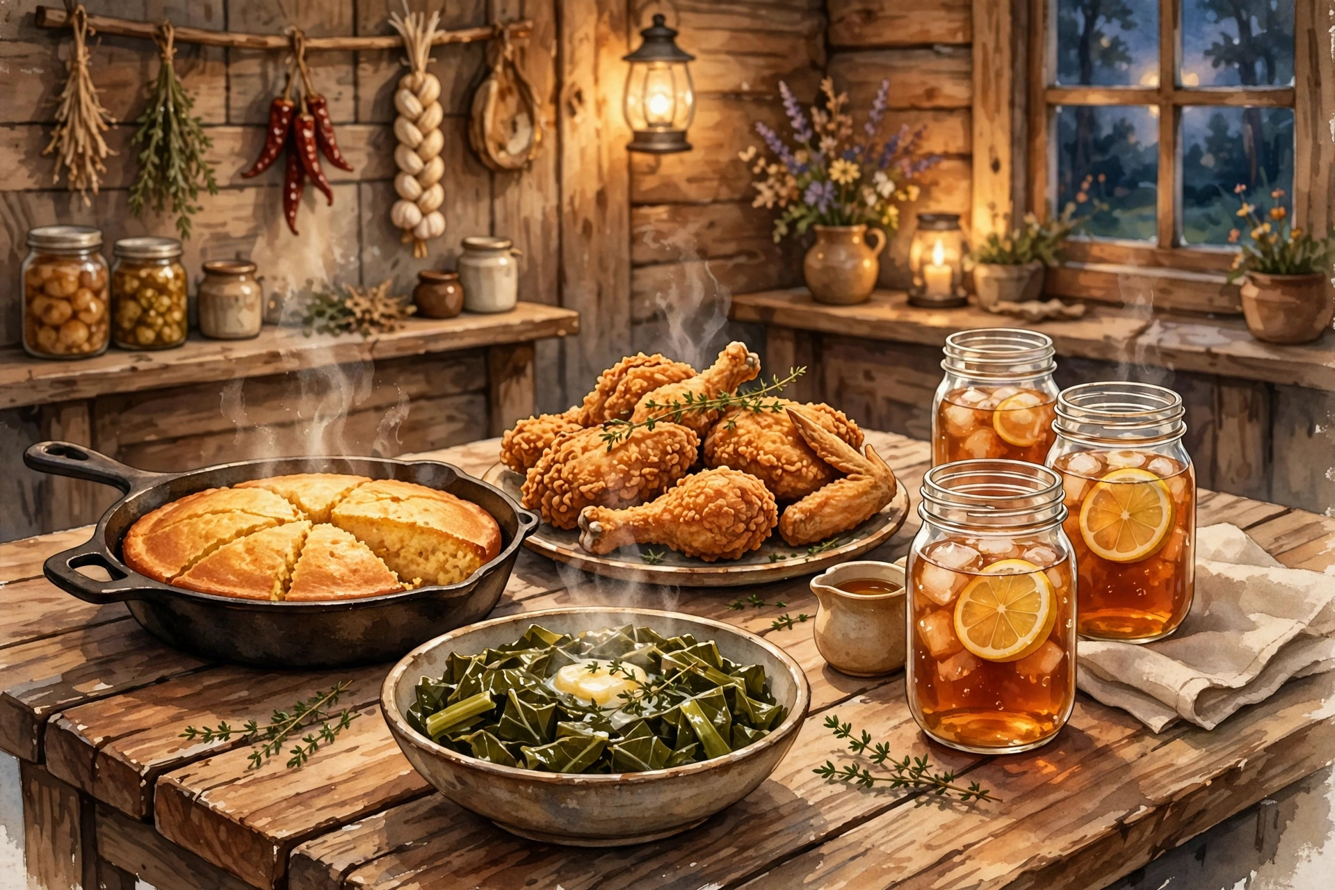 Illustration: a warm Southern comfort food spread on a rustic wooden table, fried chicken, cast-iron skillet sides, fresh cinnamon bread, mountain cabin window in the background