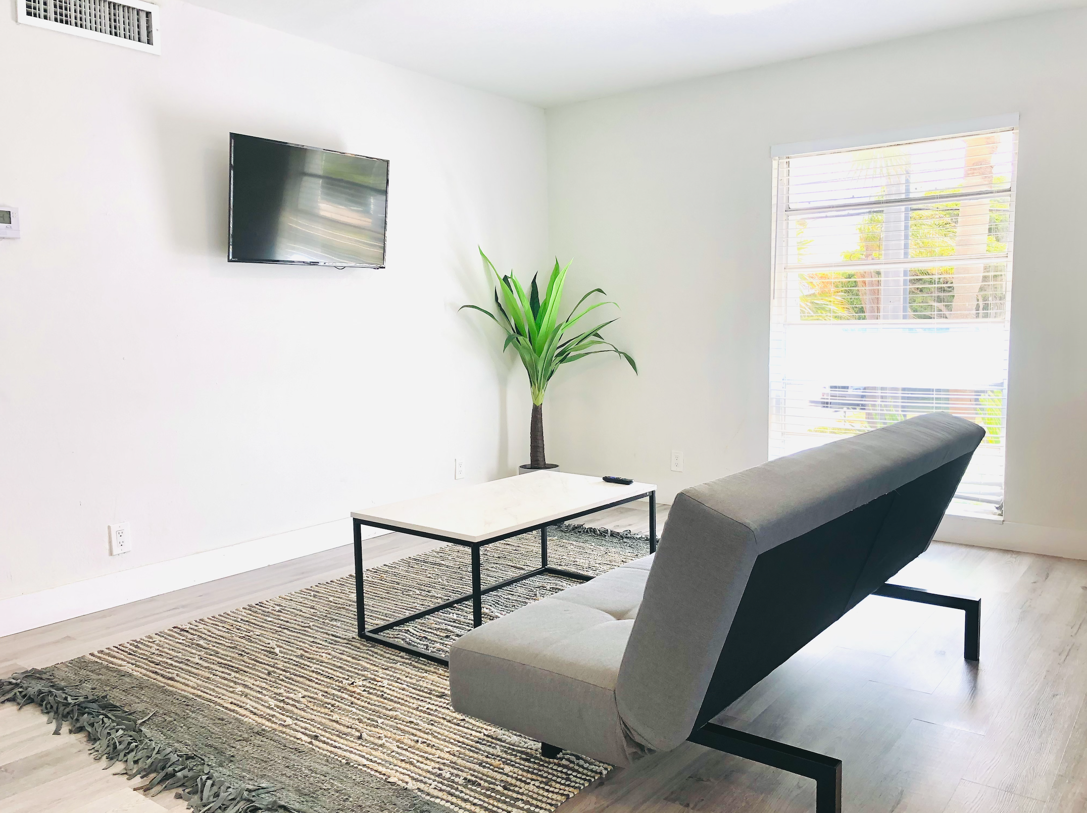 Living room with large windows. Futon replaced with queen sofa bed that sleeps two guests.