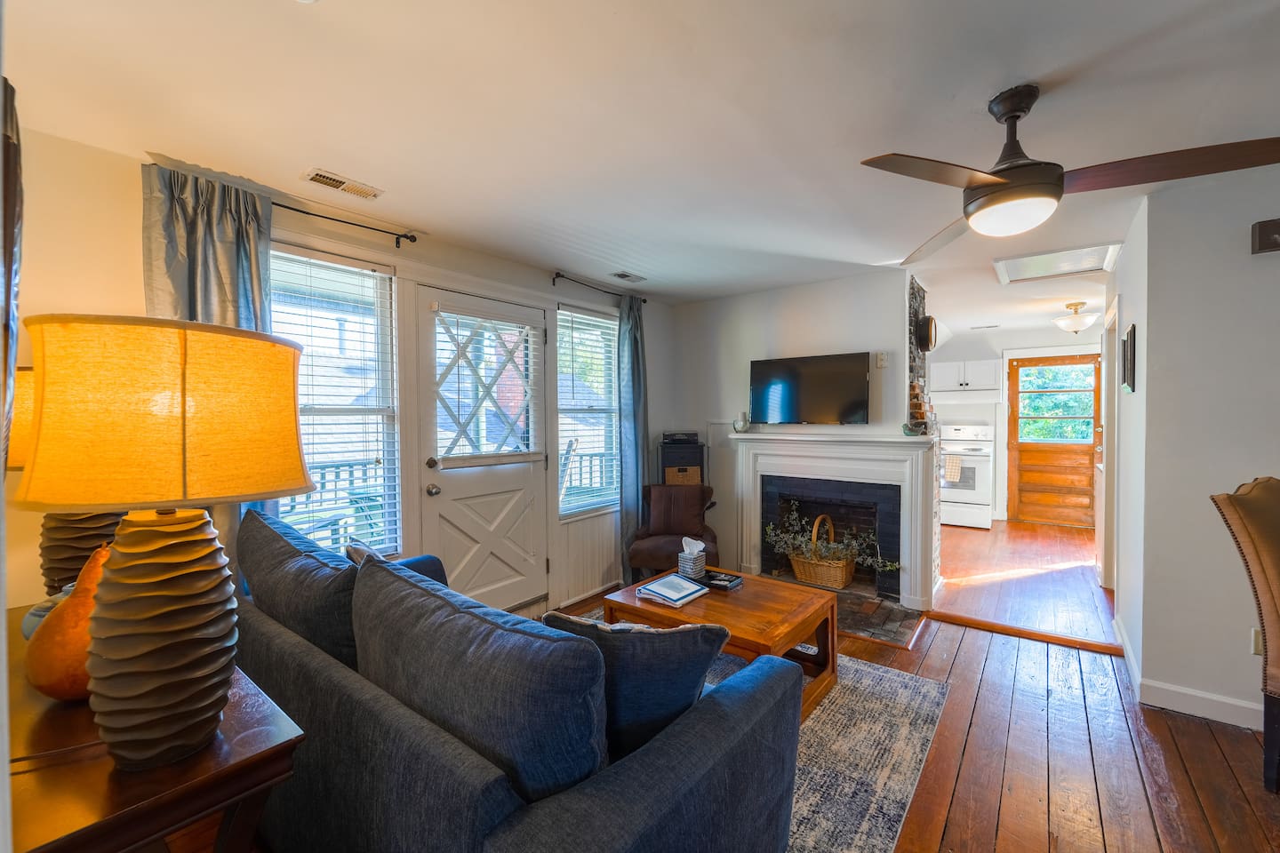 Spacious, with a cozy feel! Curl up on our new plush sleeper sofa! New Smart T.V., new area rug, and new ceiling fan for you to enjoy!