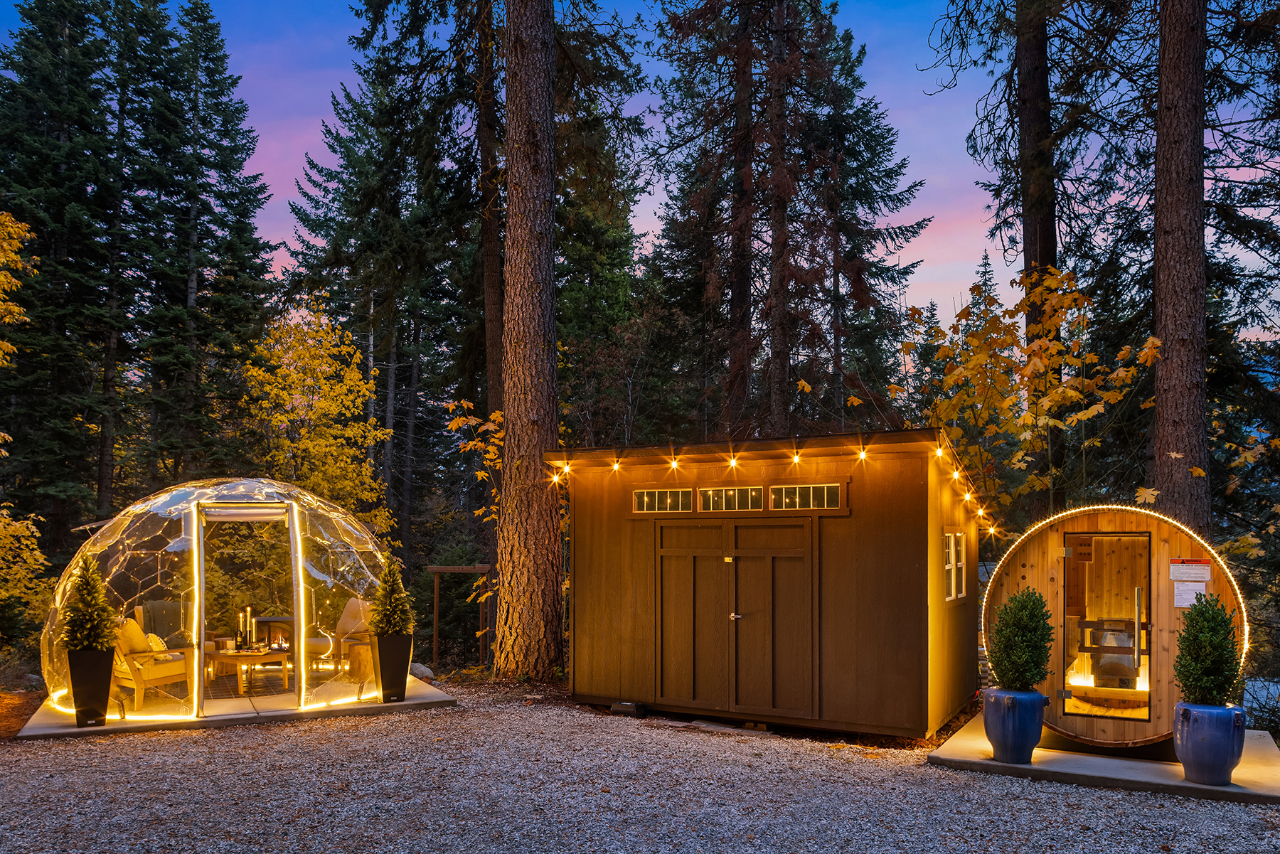 Backyard: Geo dome, covered hot tub and barrel sauna