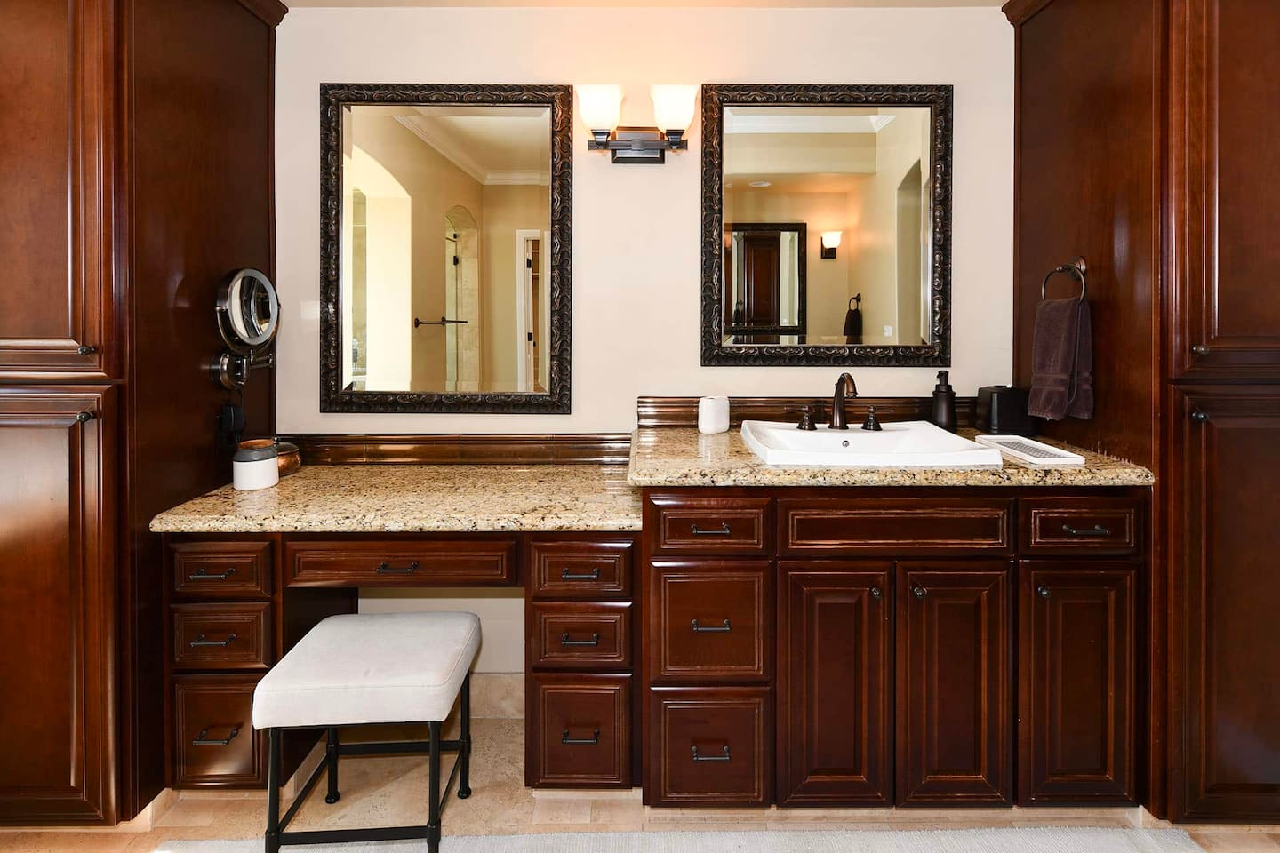 Primary bathroom with jacuzzi and shower.