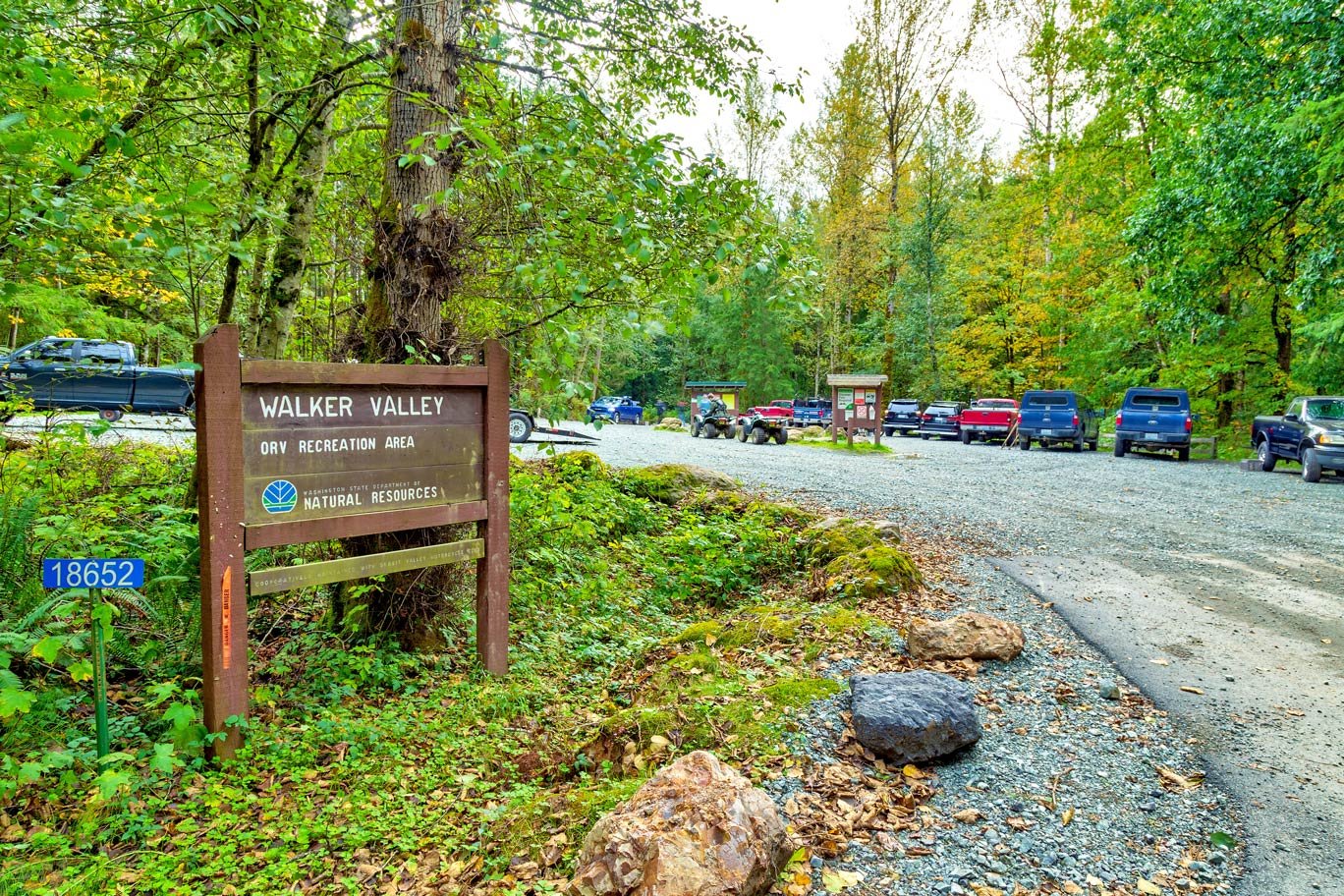 Entrance sign at Walker Valley ORV Park. The park offers a variety of off‑road experiences with over 36 miles of trails for motorcycles, ATVs, and 4×4 vehicles, ranging from easy forest service roads to more technical rock and mud sections.