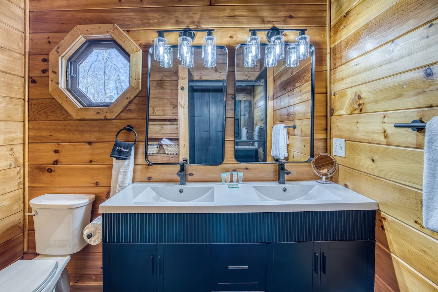 Upstairs Master bedroom #1 has a full private bathroom that has double sinks, toilet, and walk-in shower. 