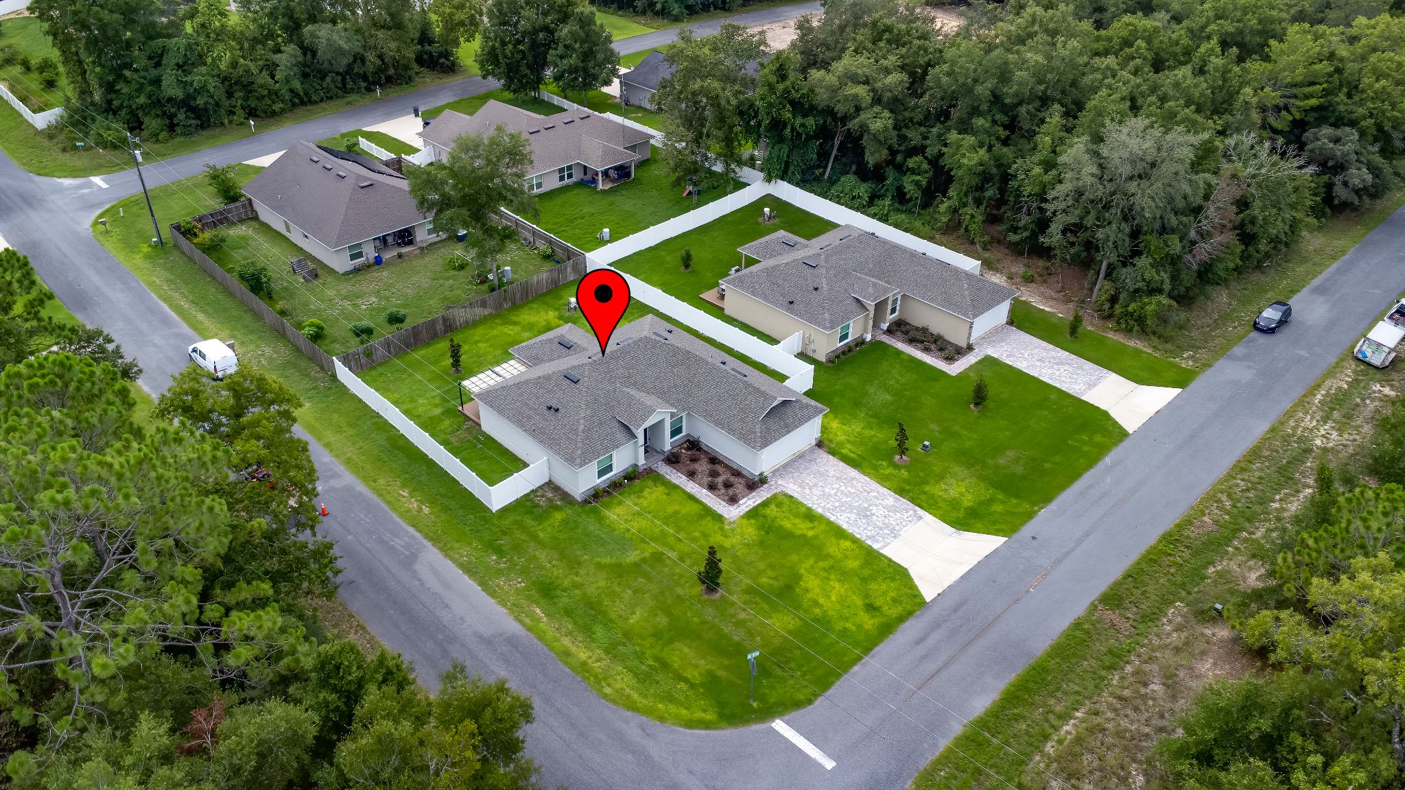 Birds Eye View of the Horsey Haven. The Home to the right is "Village Retreat" it is also a Short-Term Rental and available for that larger gathering.