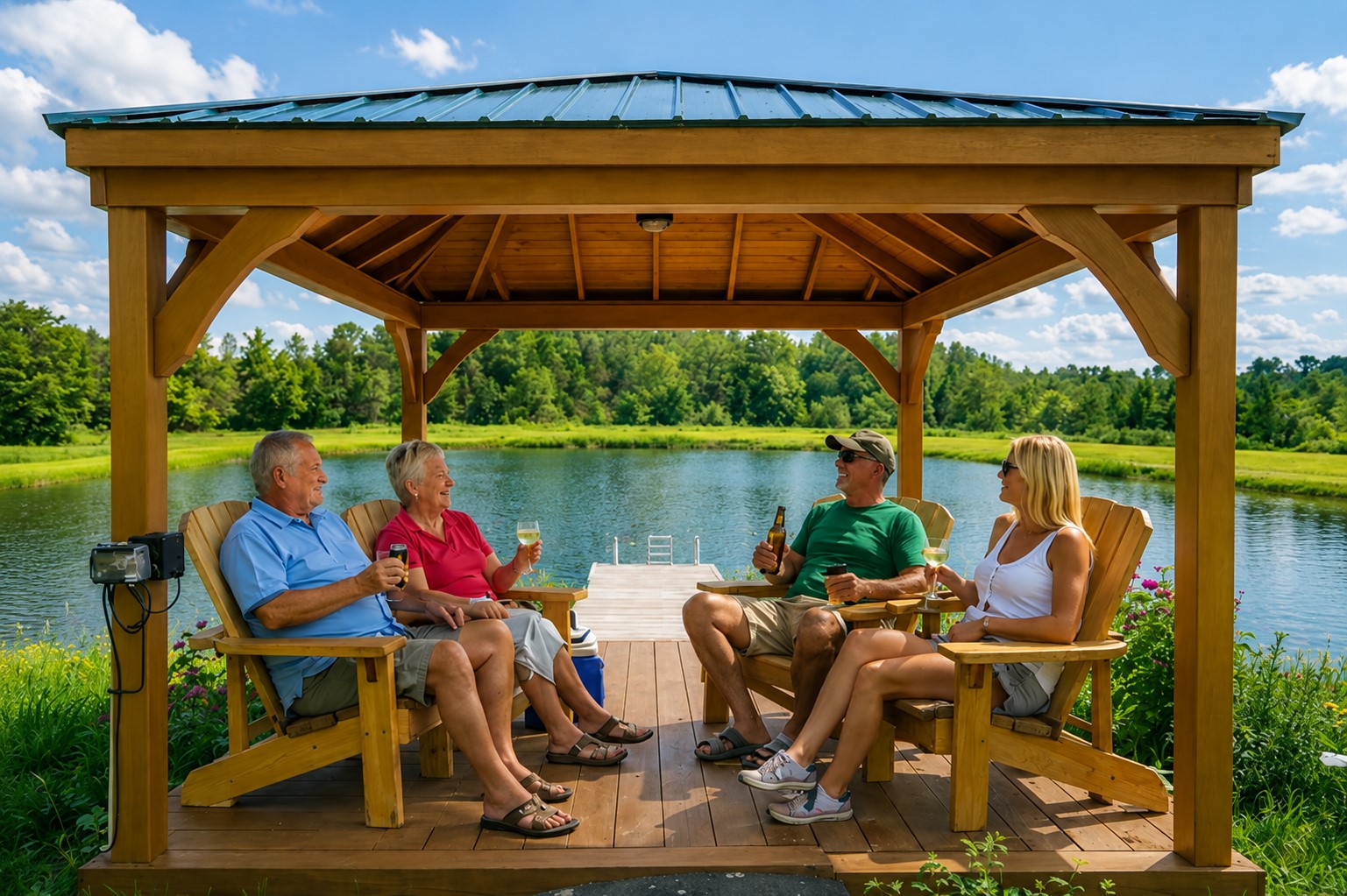 Gather with friends and family beneath a rustic pavilion by the pond, complete with classic Adirondack chairs and picture-perfect views.
