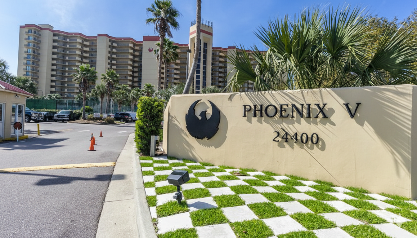 Welcome to Phoenix V, your Gulf-front destination. The vacation begins the moment you arrive. Our distinctive signage and well-maintained grounds mark the entrance to a premier resort experien