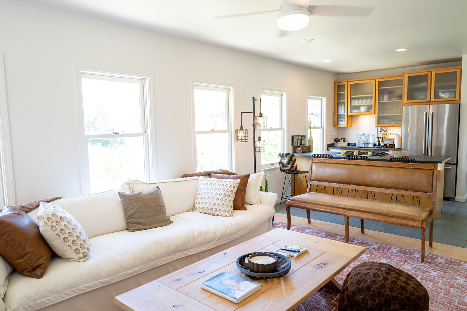 Bright and comfortable living space designed for relaxing after a day in Napa. Smart TV and large sofa couch and bench. Board games included for a night in. 