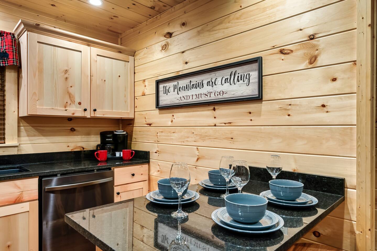 Kitchen is fully stocked with dishes and everything you need to cook up your favorite family meal.