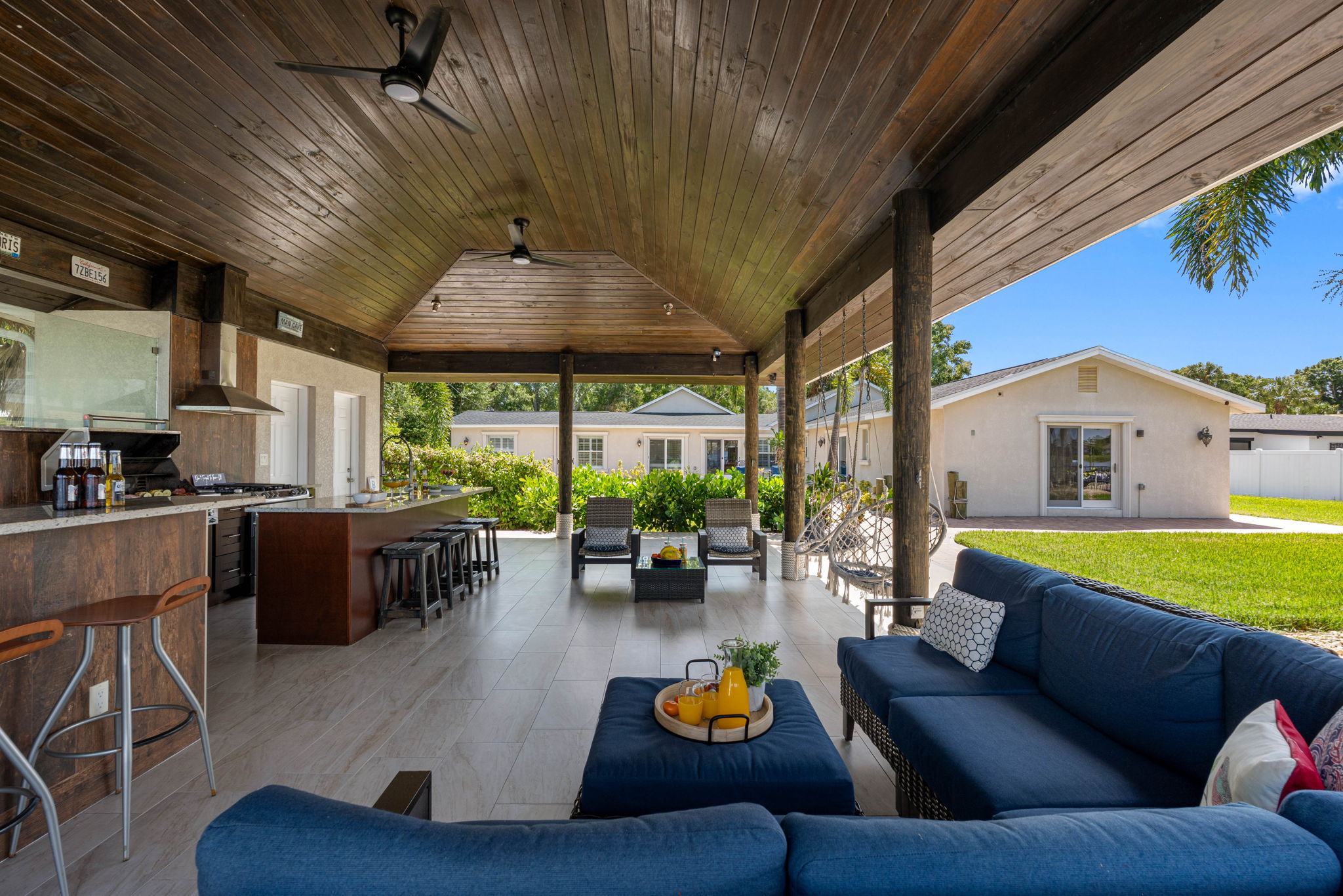 This space includes a built-in grill, ample counter space, and essential cooking tools.