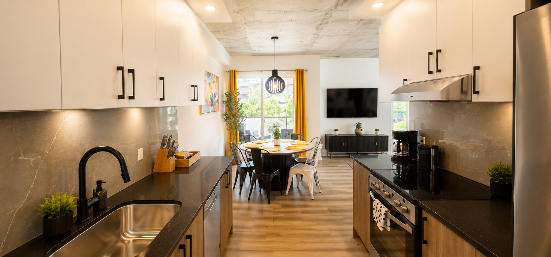 Full kitchen with frigide, oven, dishwasher, micro-wave and all the necessary for cooking :)