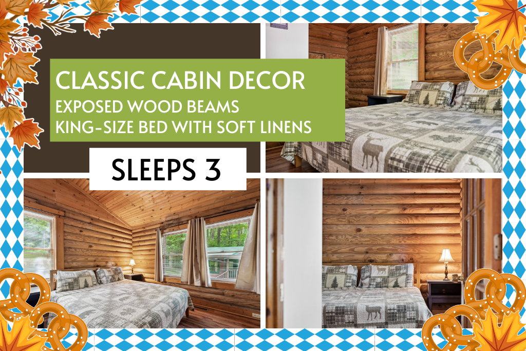 Rustic charm meets plush comfort in this king-bed retreat.