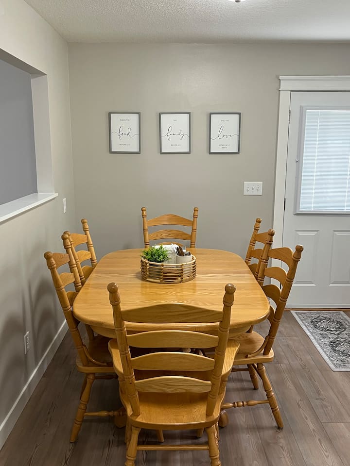 Dining area is in the kitchen.  Table seats 6 with extra leaves, if needed.