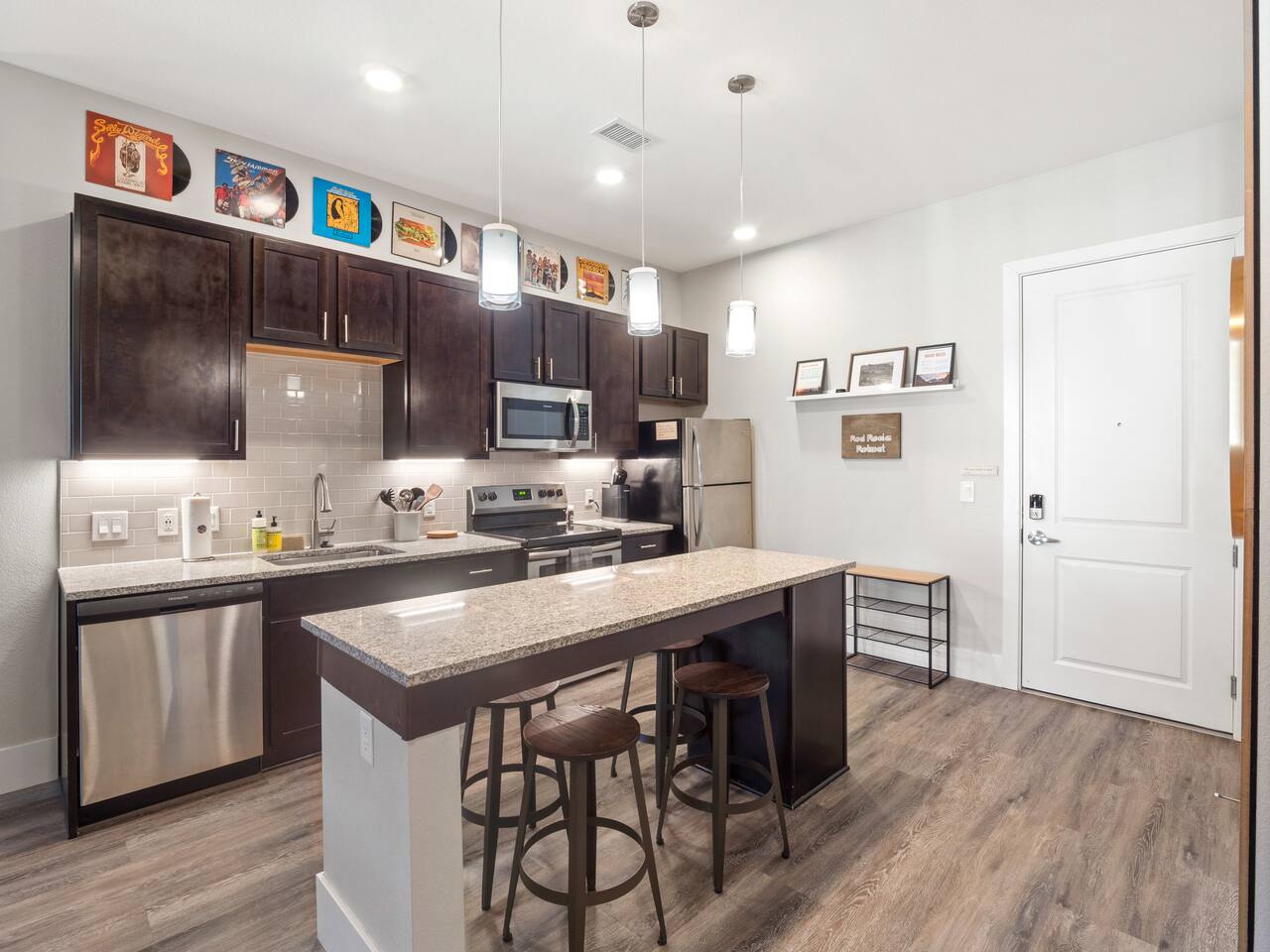 Spacious, open concept kitchen with everything you need for cooking! Keurig coffee maker. Pots, pans and baking dishes. Breakfast bar.