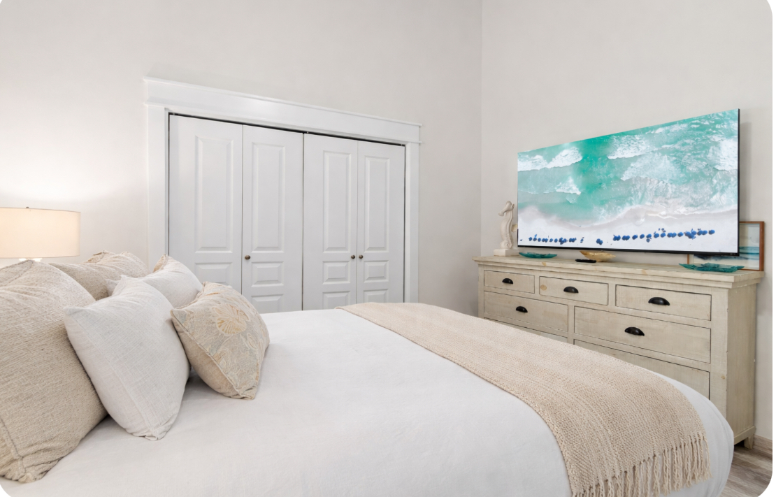 Peaceful bedroom with soft coastal tones