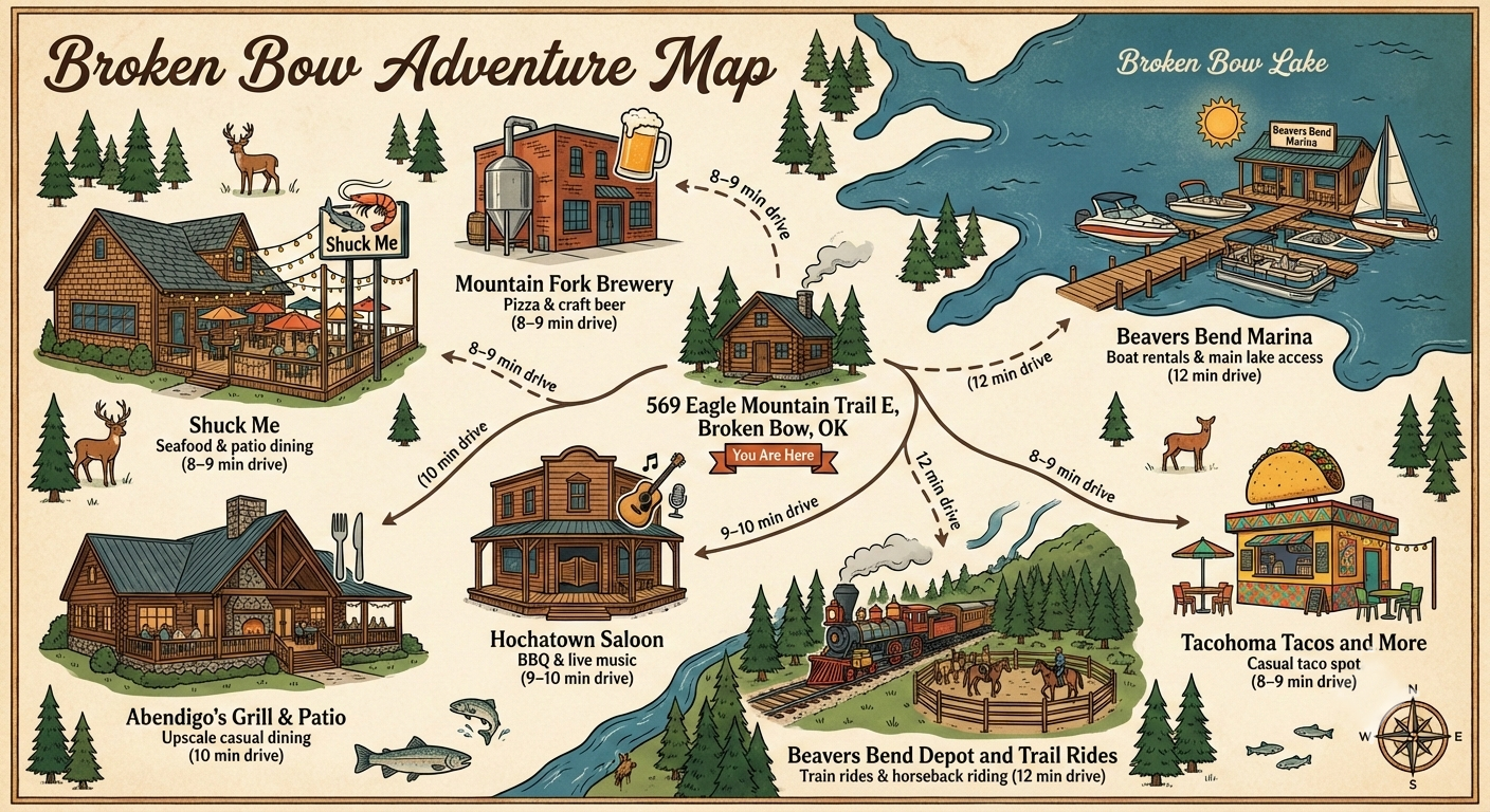 Your personal guide to Broken Bow fun. From lake days and brewery stops to trail rides and local dining, everything is just minutes away. Adventure, relaxation, and great food are all within easy reach.