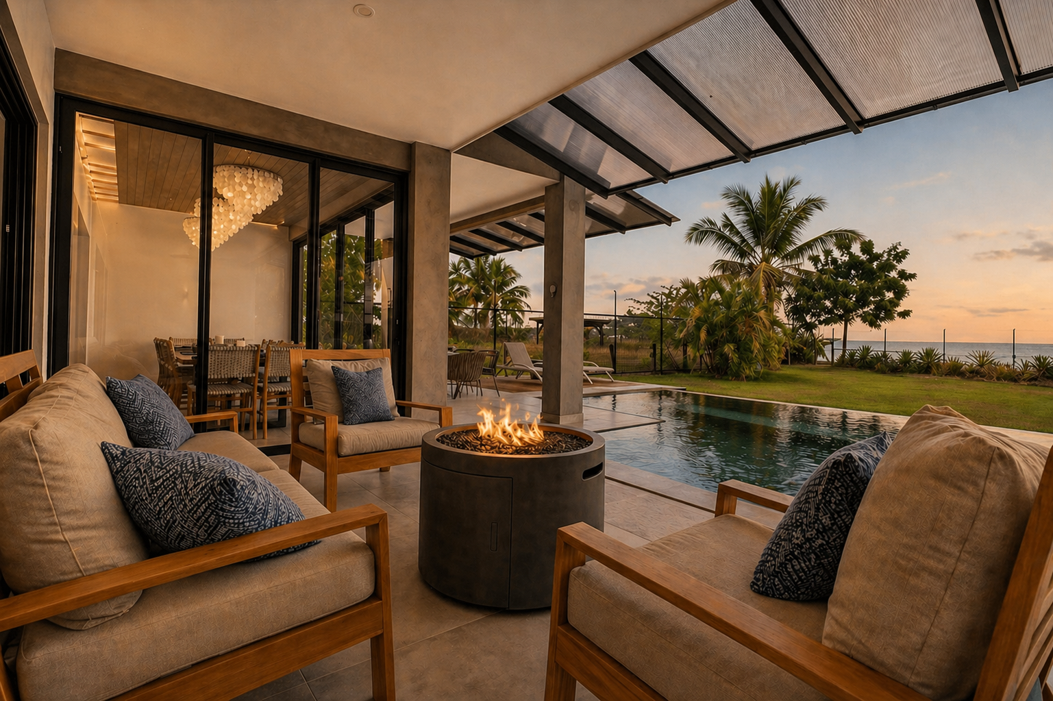 Fire pit with comfortable lounge chairs.