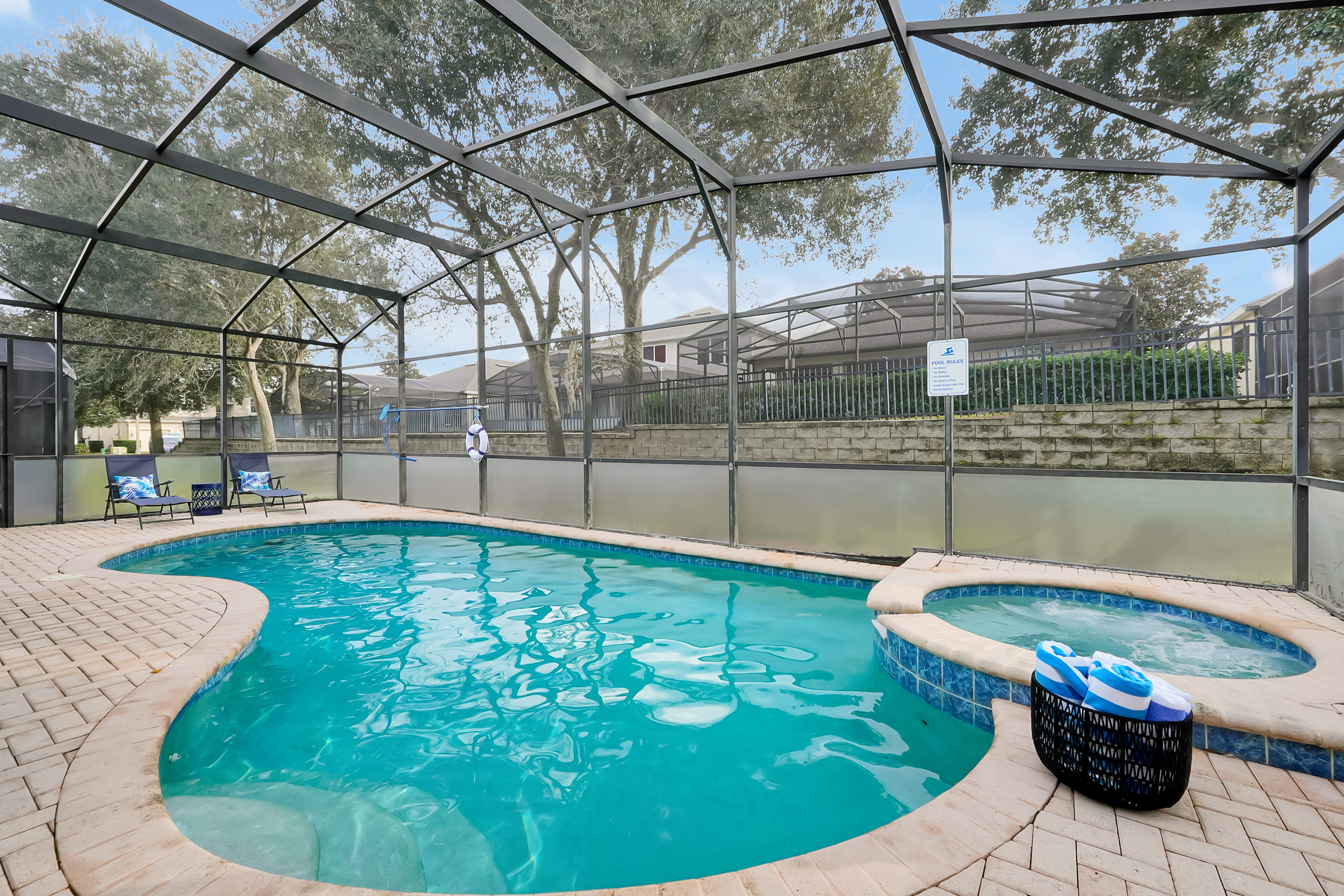 Private screened pool with spa