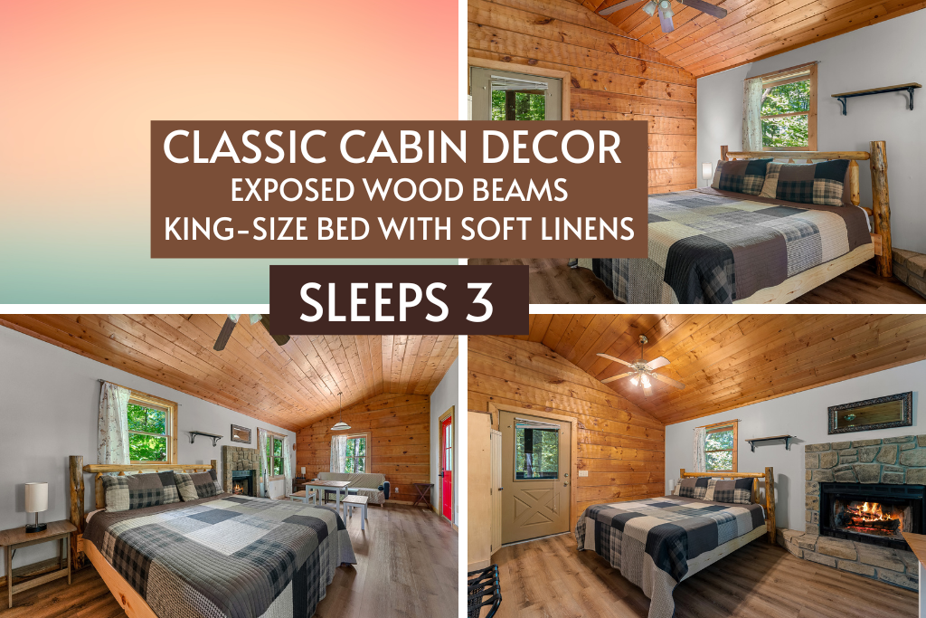 Cozy up in soft linens under exposed beams—sleeps 3 comfortably.