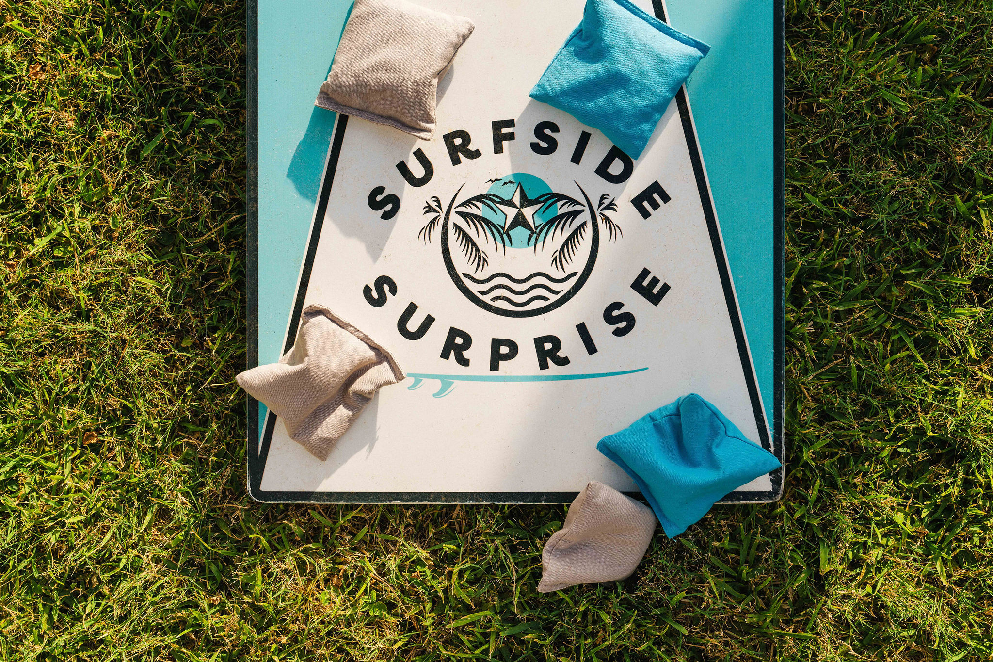 Custom Surfside Surprise cornhole boards — bring your A-game. 