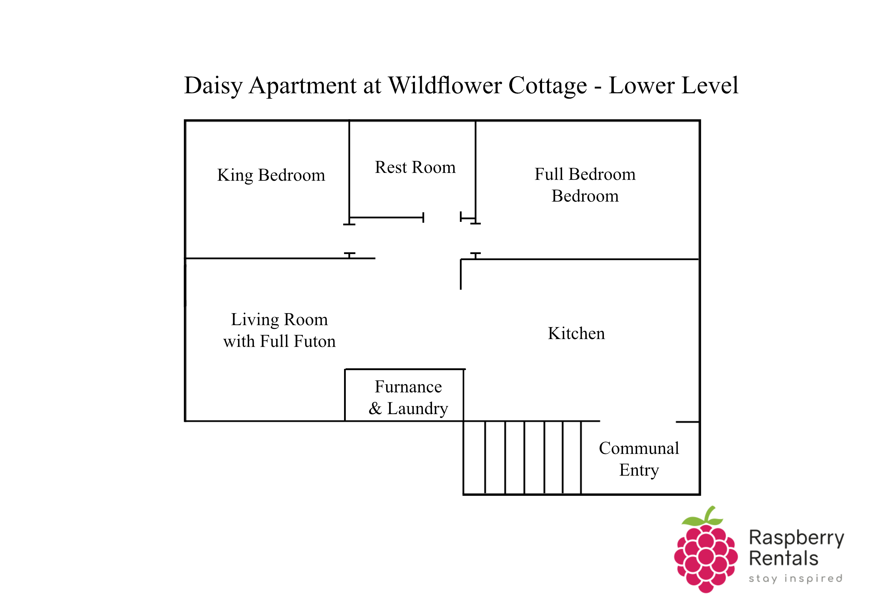 Floorplan showing entry into the kitchen at the bottom of a communal staircase. The kitchen opens into the living room with full futon, then to a small hallway leading to a king bedroom on one side, a full bedroom on the other, and a rest room in between.