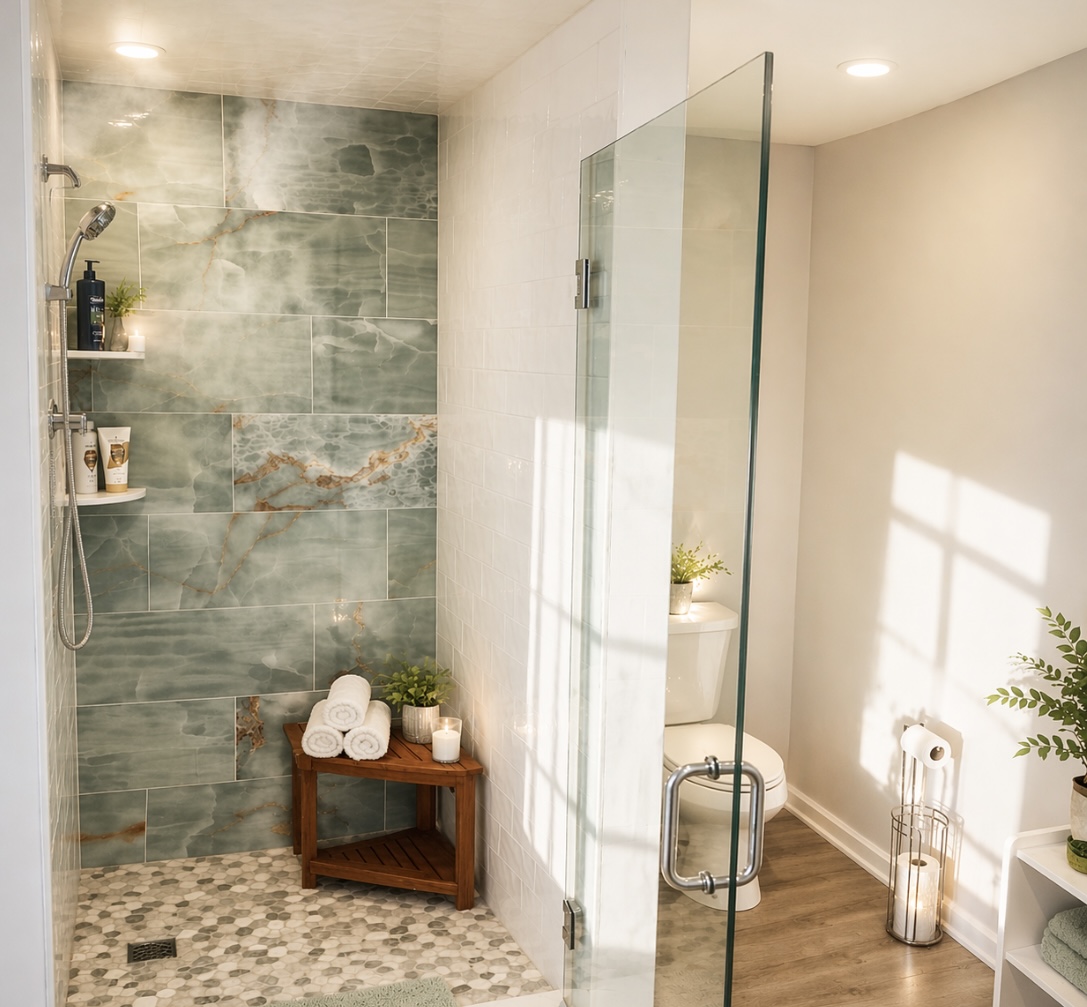 Refresh in a spa-inspired shower with modern finishes and a clean, calming atmosphere.