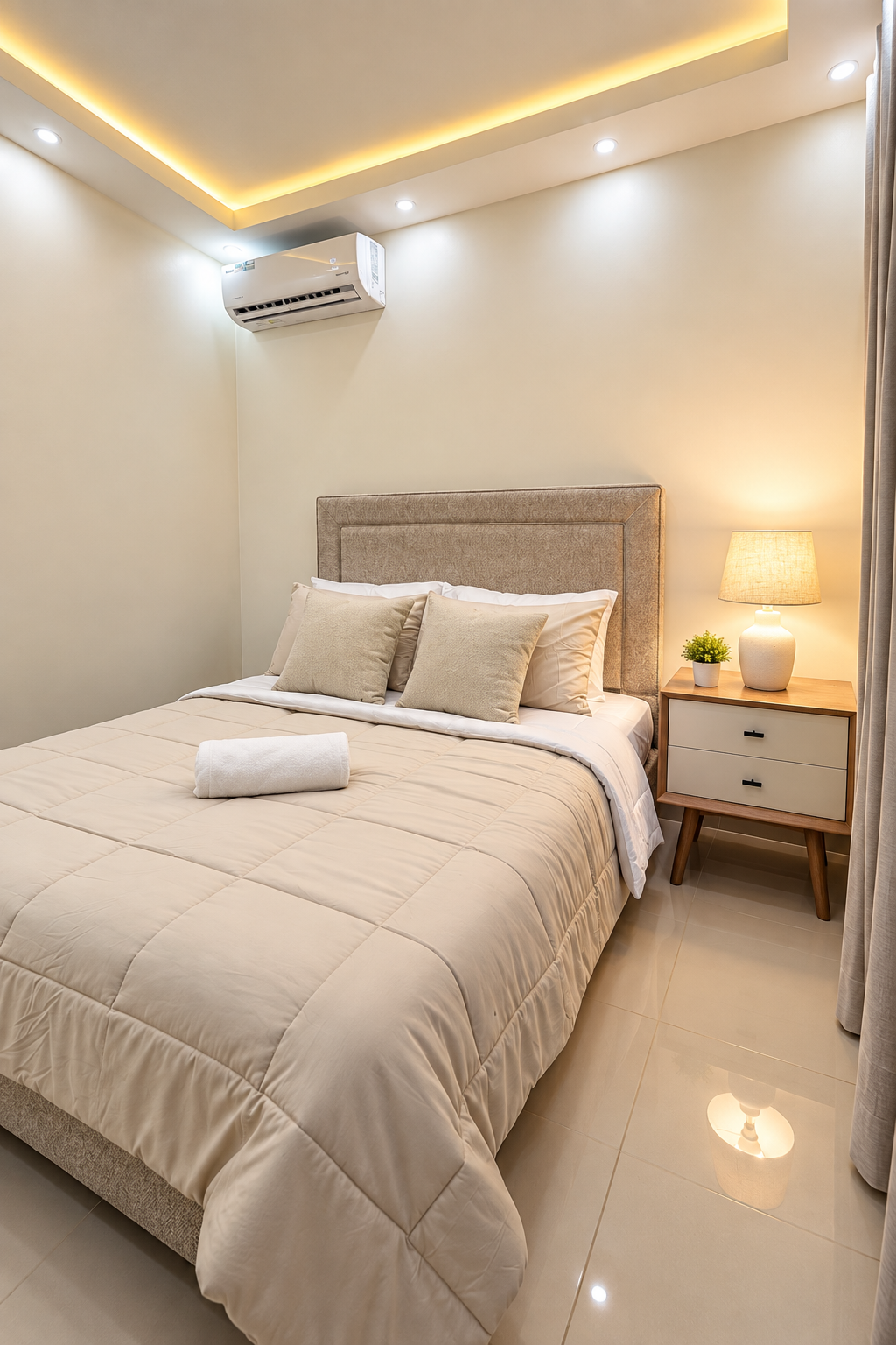 Cozy second bedroom with a queen bed, A/C, warm ambient lighting, and a closet with built-in drawers for storage. 🛏️✨