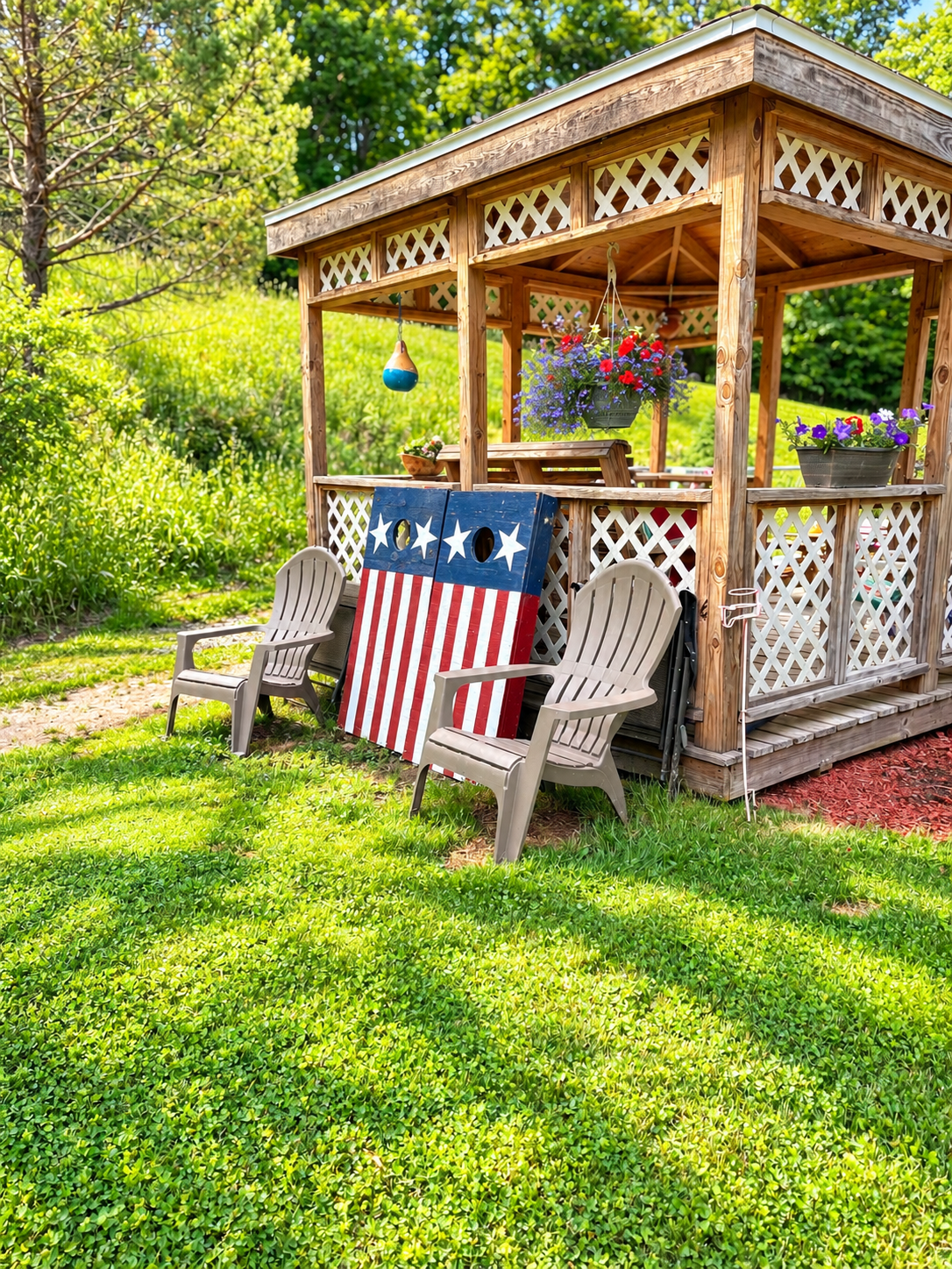 Gazebo by the pool with Cornhole for your use
