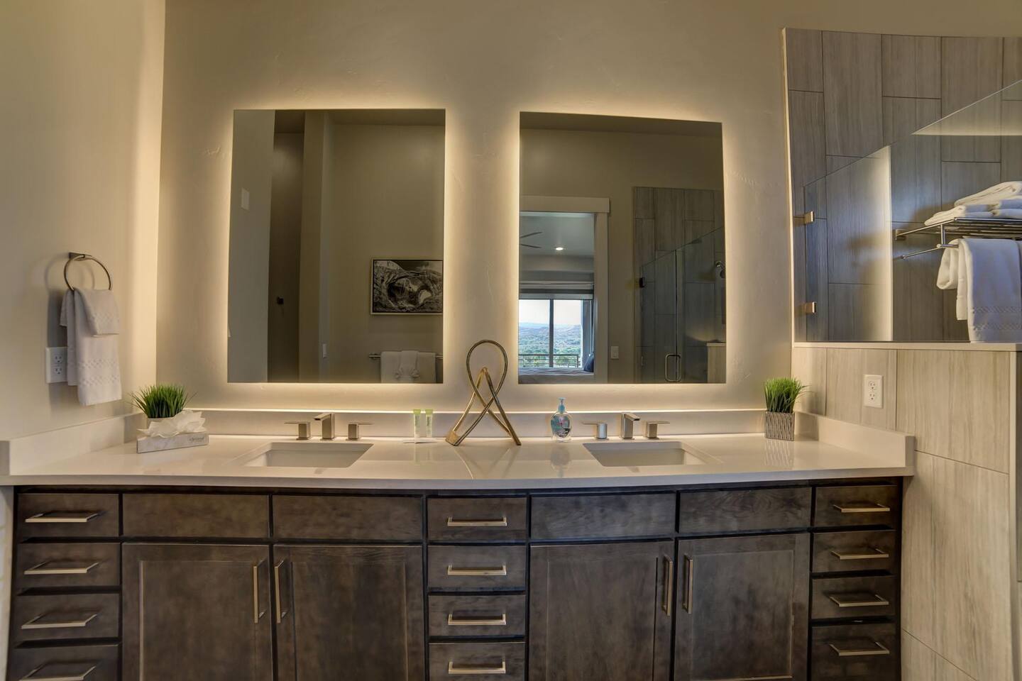 Master bathroom with modern vanity dual sinks