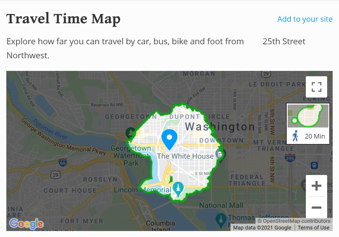 Walking Travel Map: Up to 20 Minutes.