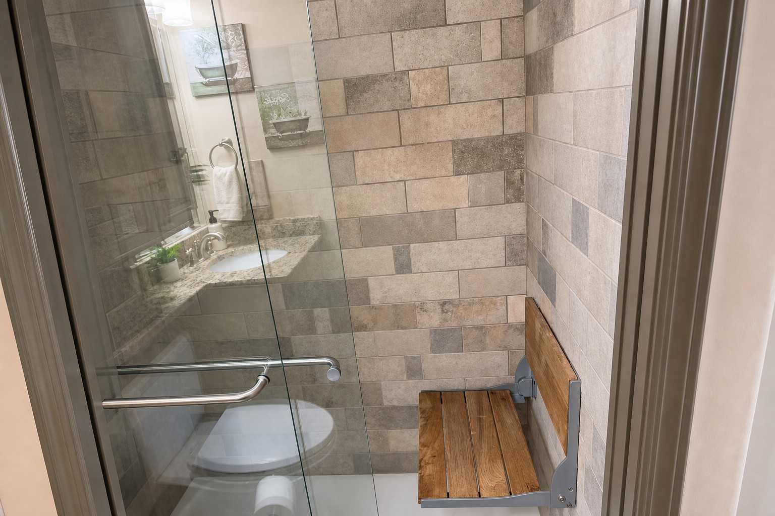 Guest bathroom with a comfortable sitting chair