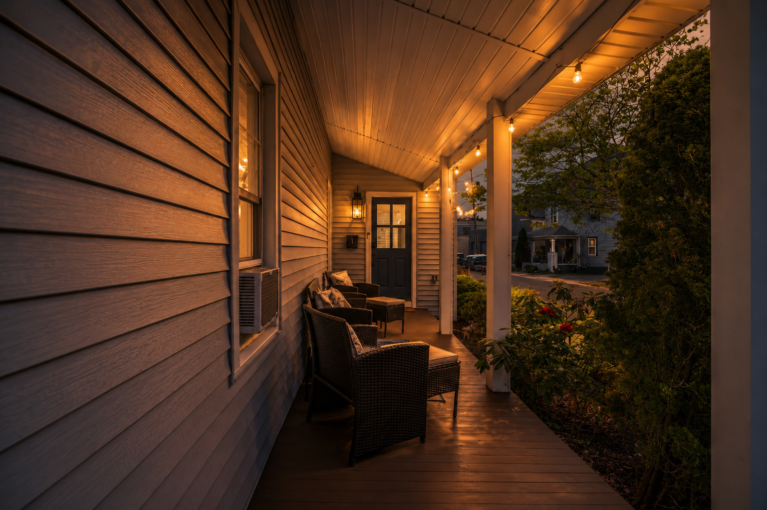 End the evening on the front porch under the warm string lights. It is the quiet flip side of the firepit out back, perfect for a nightcap and easy talk.