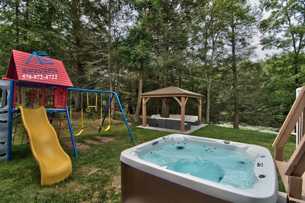 Escape to Relaxation: Bubbling Bliss Amidst the Whispering Woods, A Hot Tub Haven for the Soul.