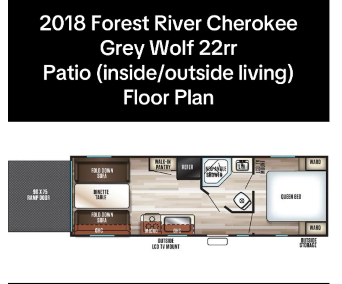 The dinette converts to a king bed for additional sleeping. The table is moveable. The back wall can be dropped down to create an outside patio area. Very easy for one person to drop the back door. Screens provided to set up if needed.