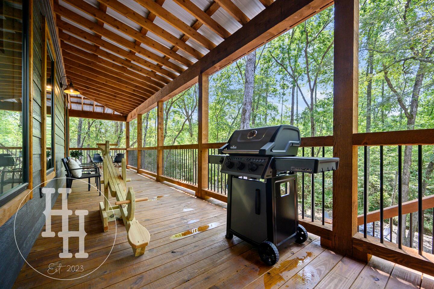 Grilling with a view. Propane included. Infant safety gate has been securely installed at the top of the stairs.