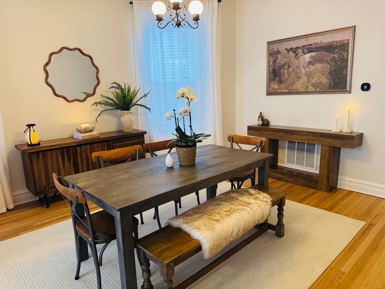 Dining space with warm lighting and modern design.