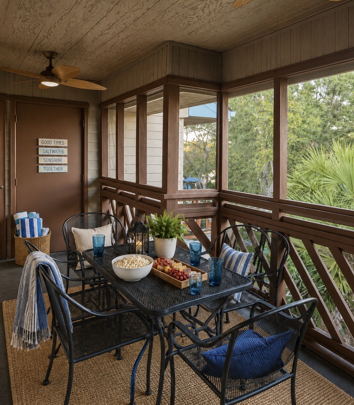 Enjoy meals or morning coffee in the enclosed porch dining area, surrounded by windows and natural light, and overlooking the outdoor pool — a bright, cheerful spot to start your day. ⭐