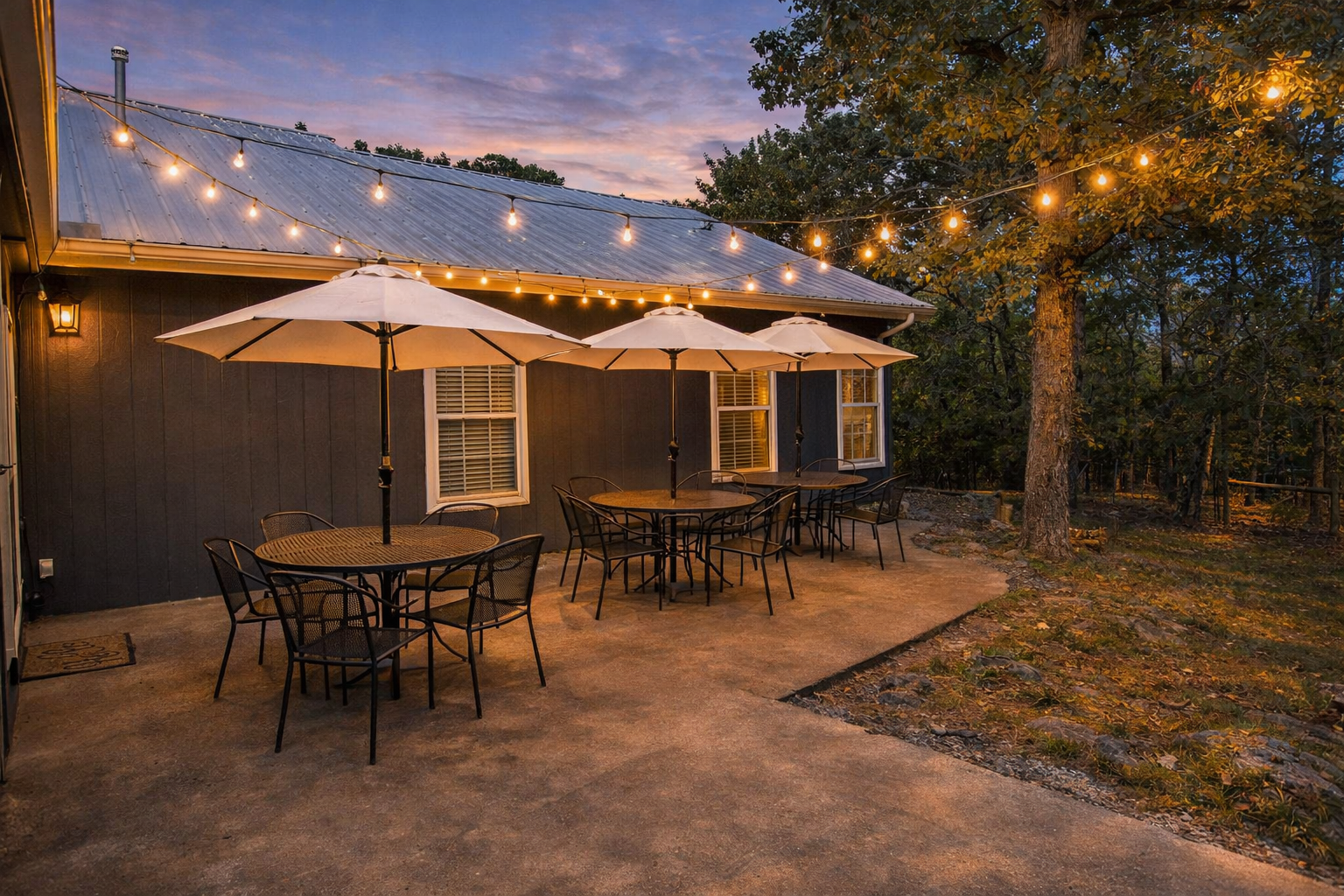 Back Patio features 3 tables, string lights, plus an additional 2nd firepit